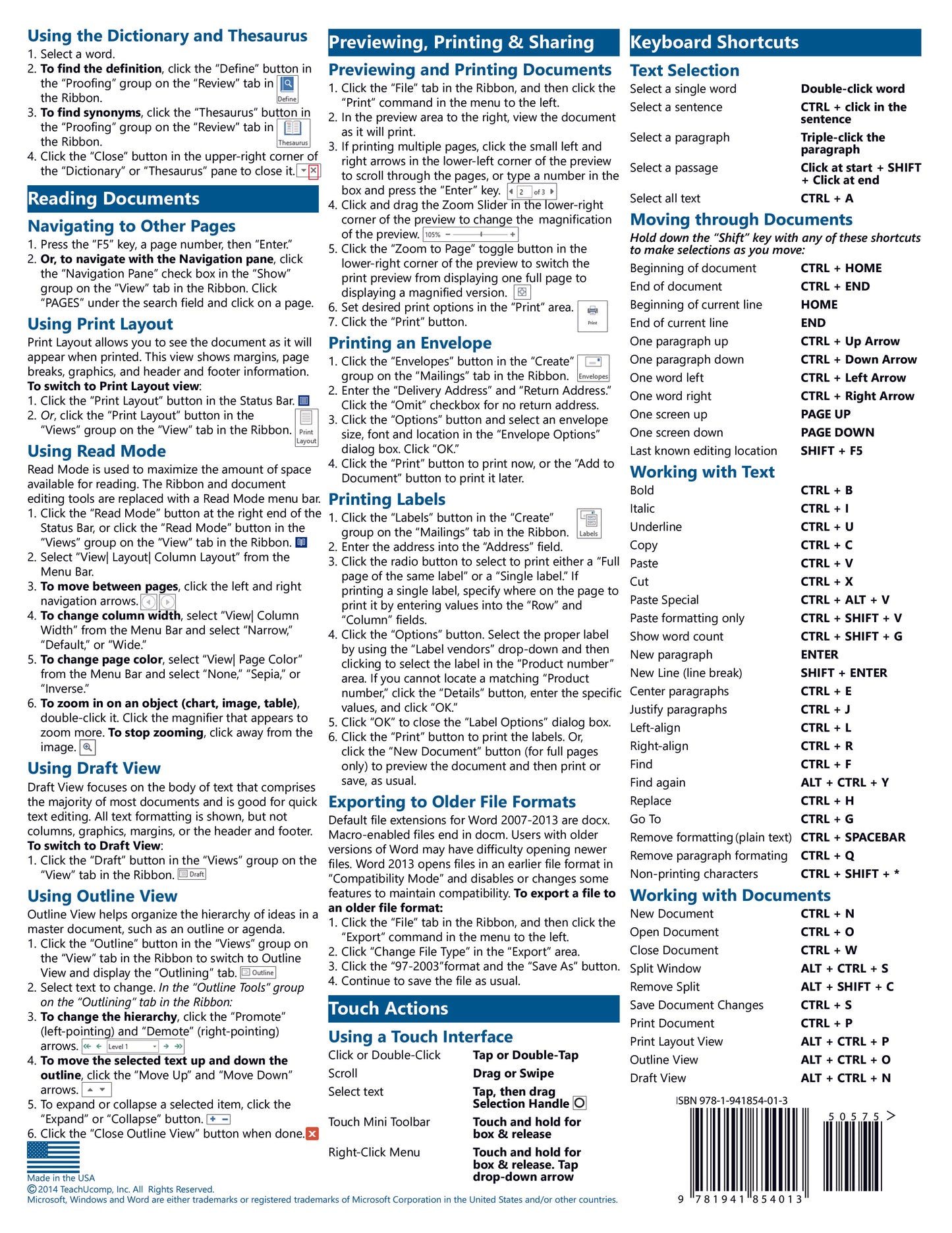 Microsoft Word 2013 Quick Reference Guide.