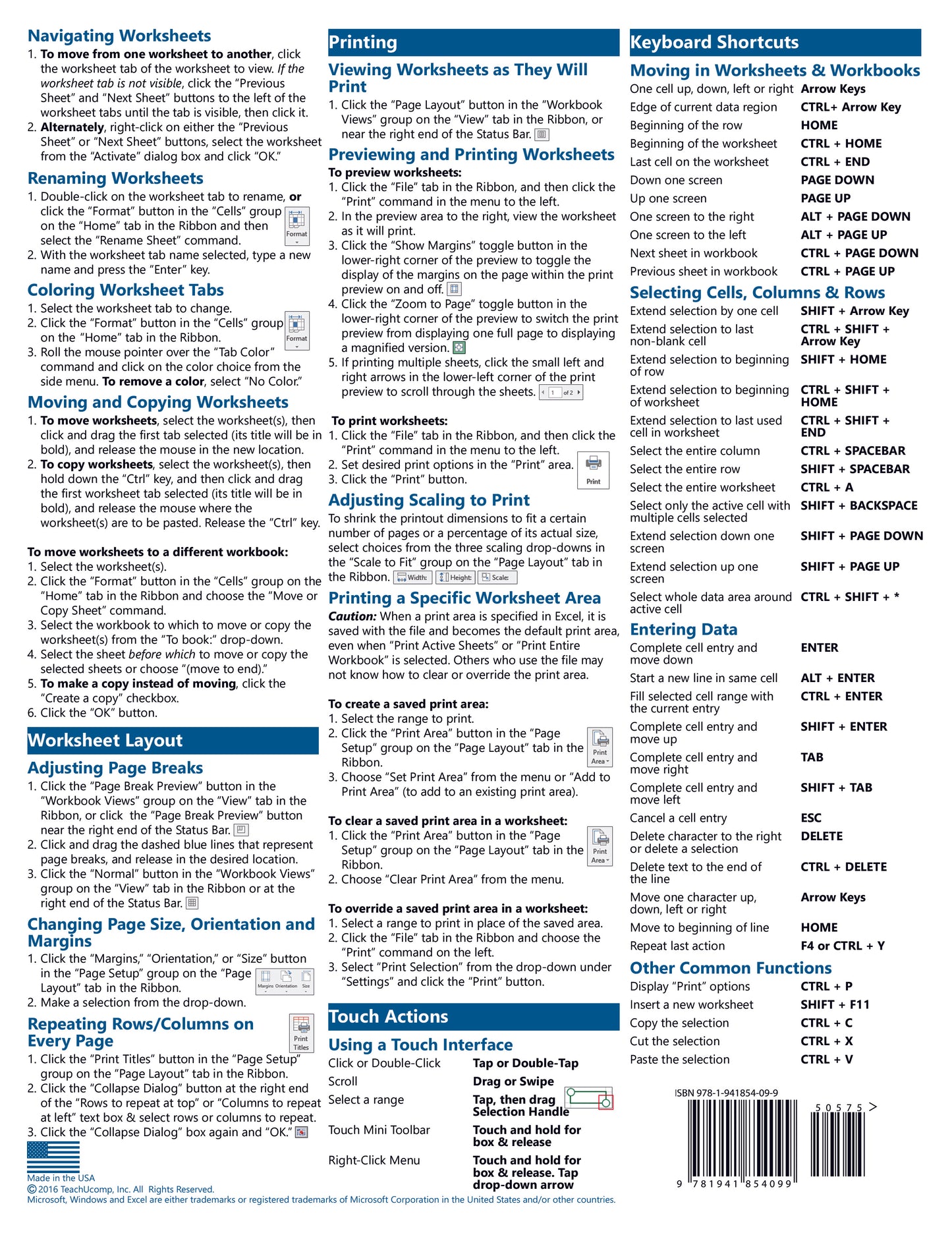 Microsoft Excel 2016 Quick Reference Guide.