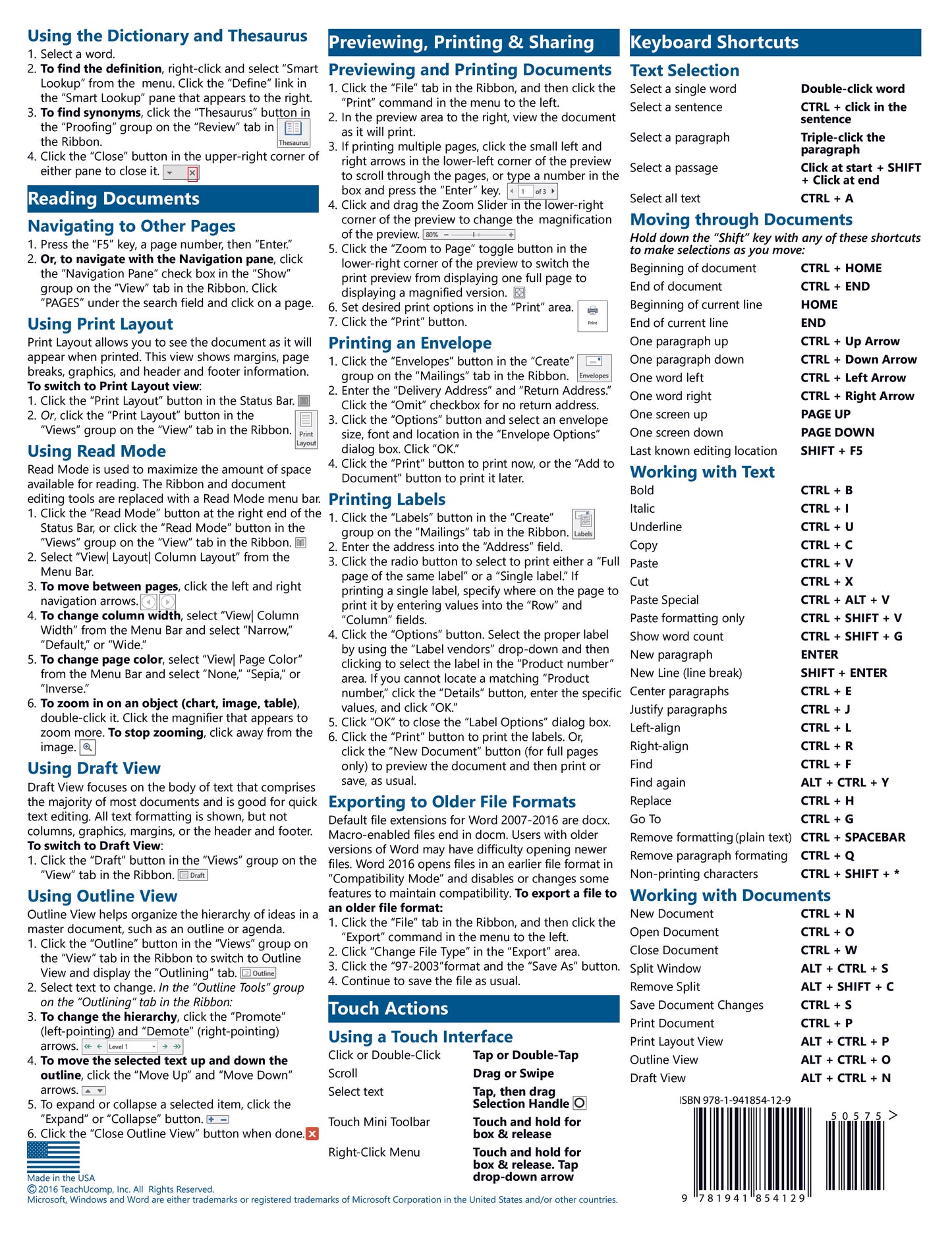 Microsoft Word 2016 Quick Reference Guide