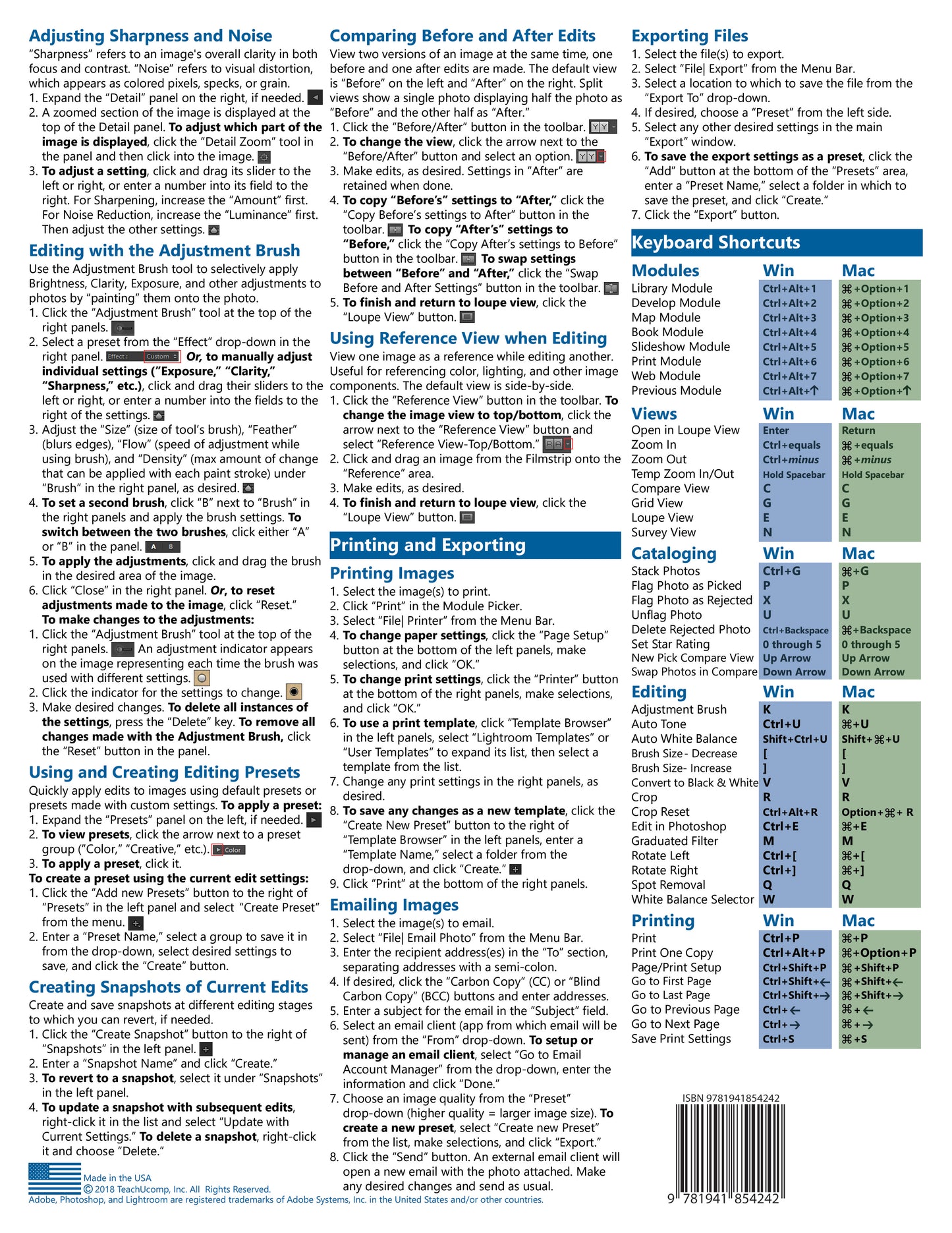Photoshop Lightroom Classic CC 2018 Quick Reference Guide.