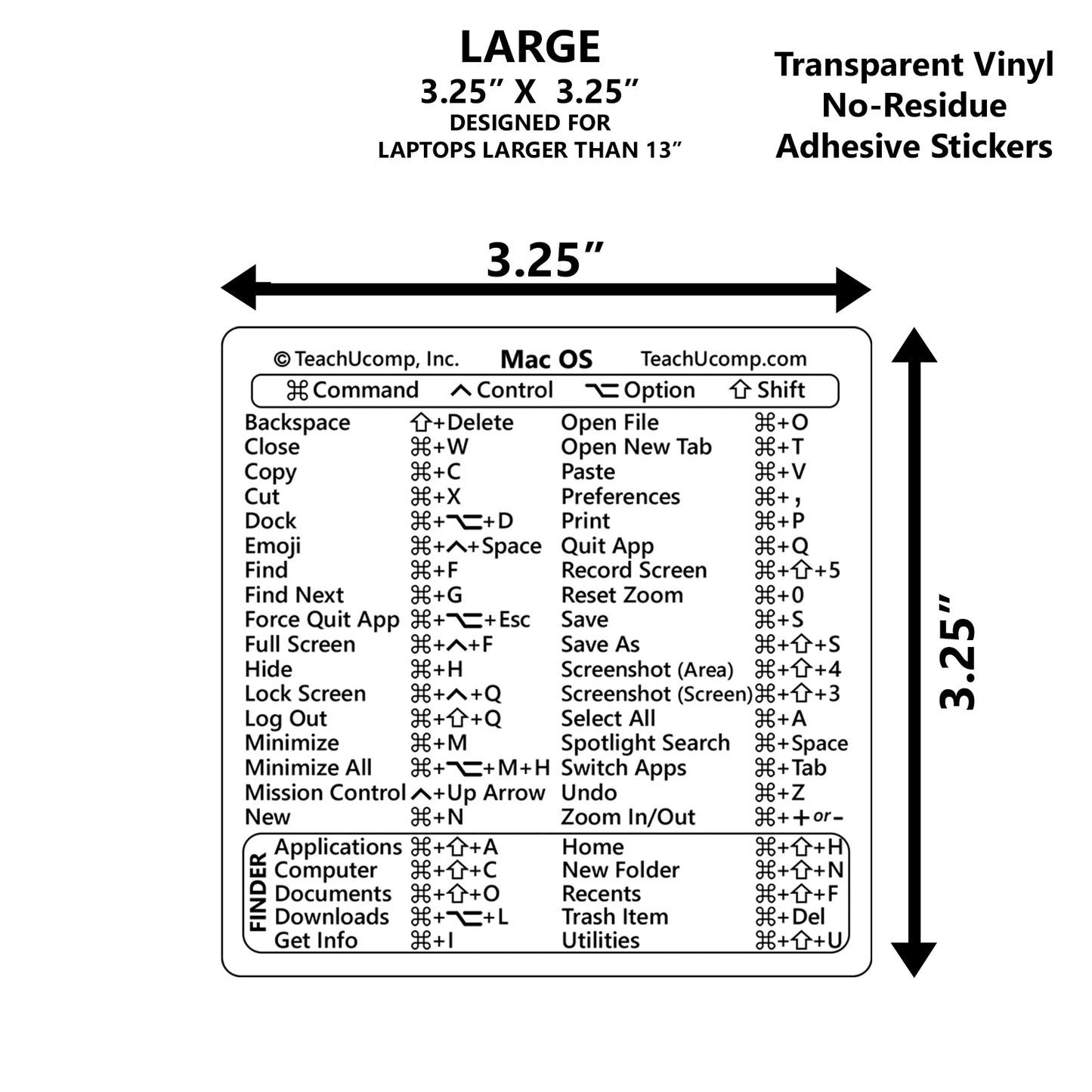 macOS Keyboard Shortcuts Sticker - CLEAR- LARGE 3.25"x3.25" image