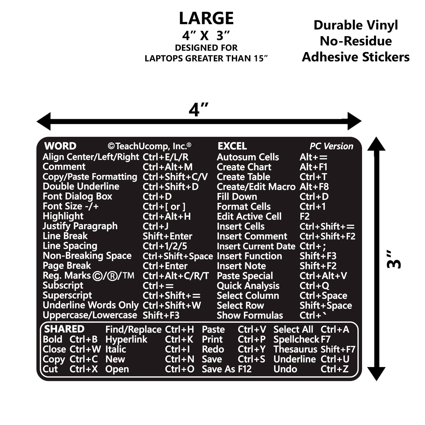 Word and Excel (PC/Windows) 2021-2016 and 365 Keyboard Shortcuts Sticker - LARGE 4"x3" image