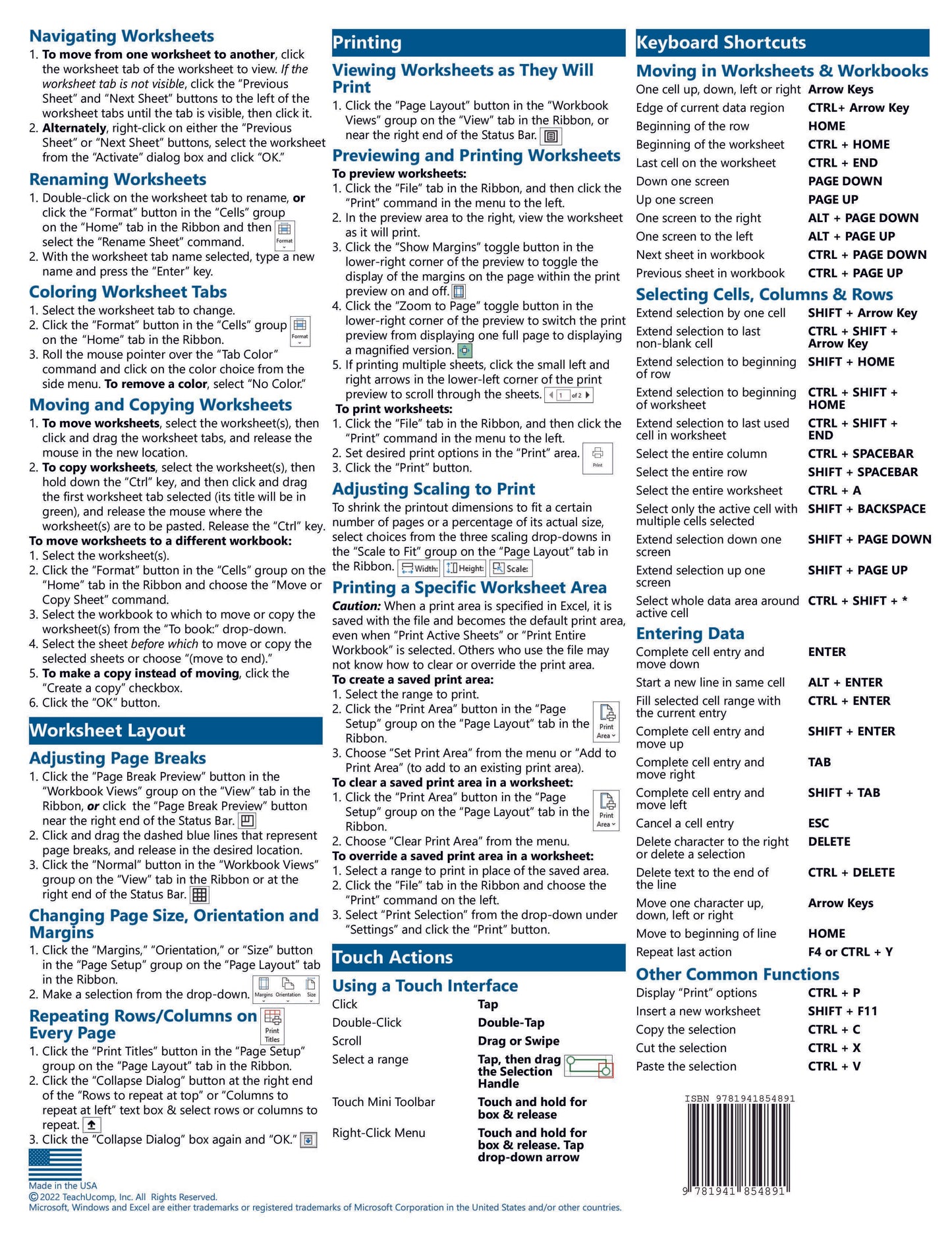 Microsoft Excel 2021 Quick Reference Guide.