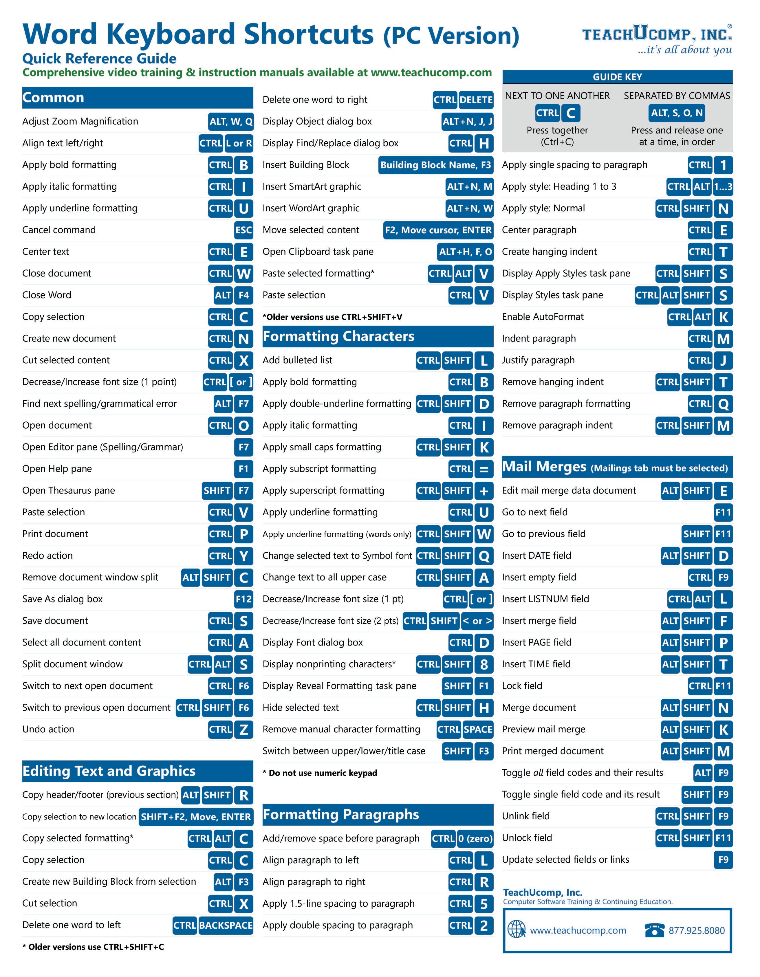 Word (PC/Windows) Keyboard Shortcuts Quick Reference Guide – teachucomp