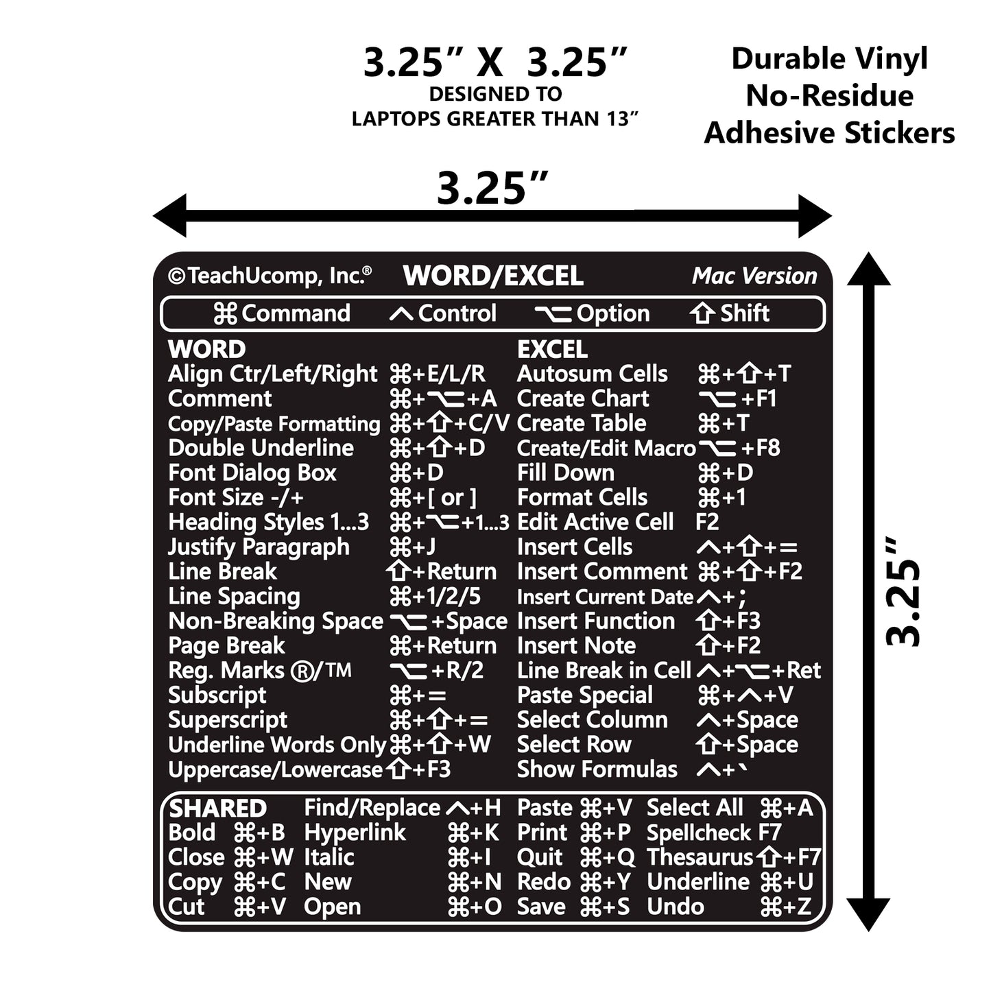 Word and Excel (Mac) 2022 Keyboard Shortcuts Sticker - BLACK image