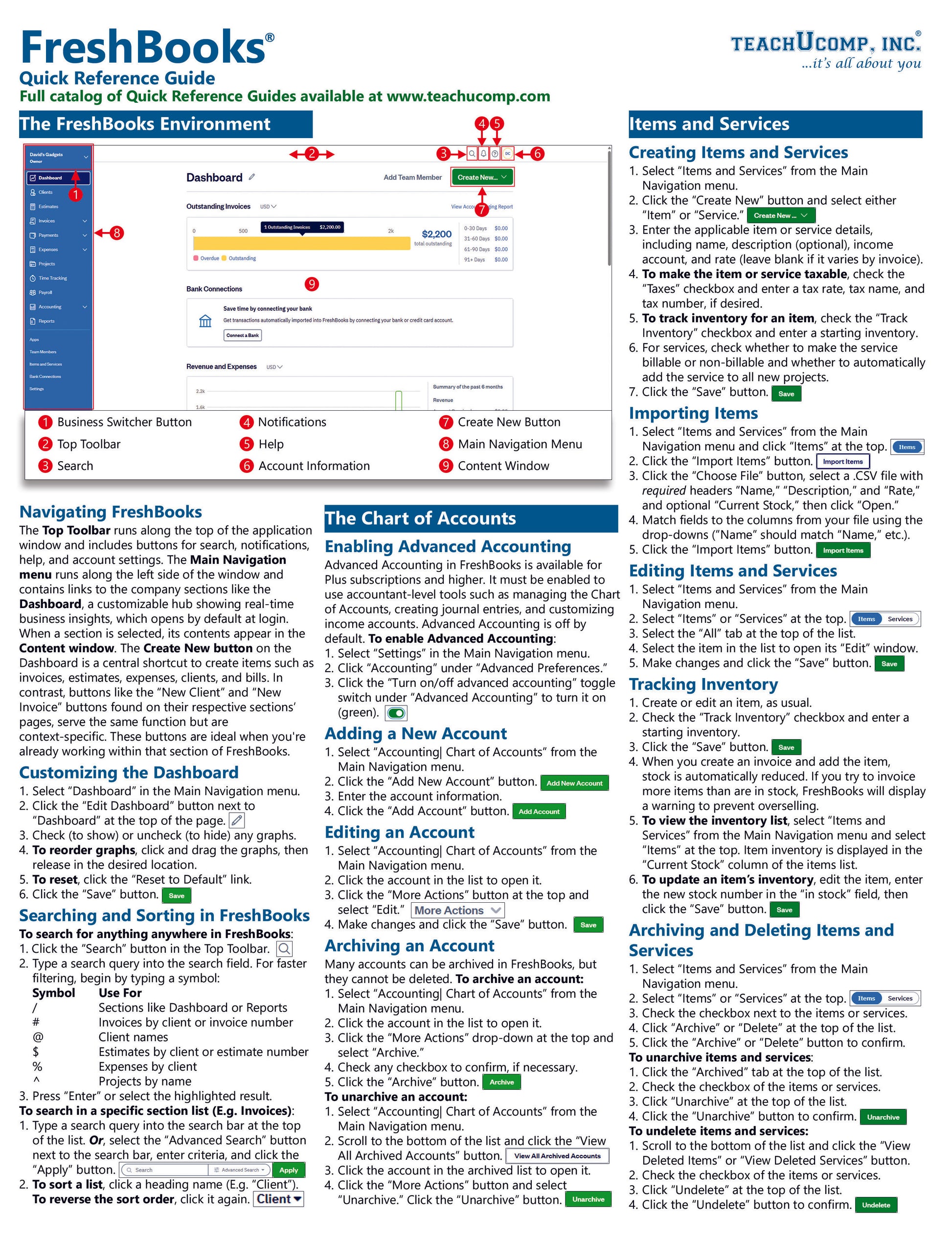 FreshBooks Quick Reference Guide with navigation and feature explanations.