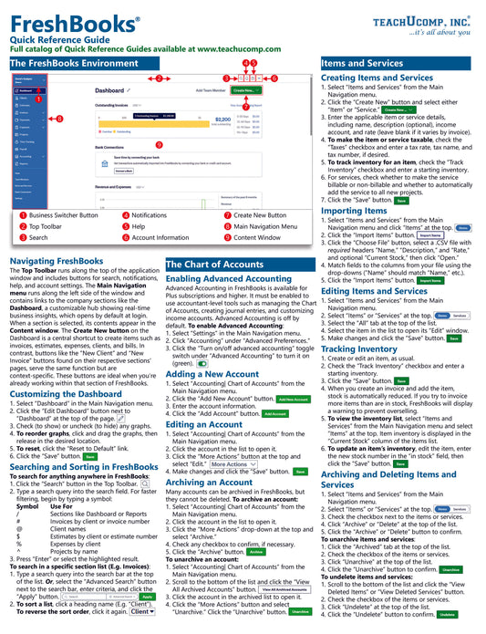 FreshBooks Quick Reference Guide with navigation and feature explanations.