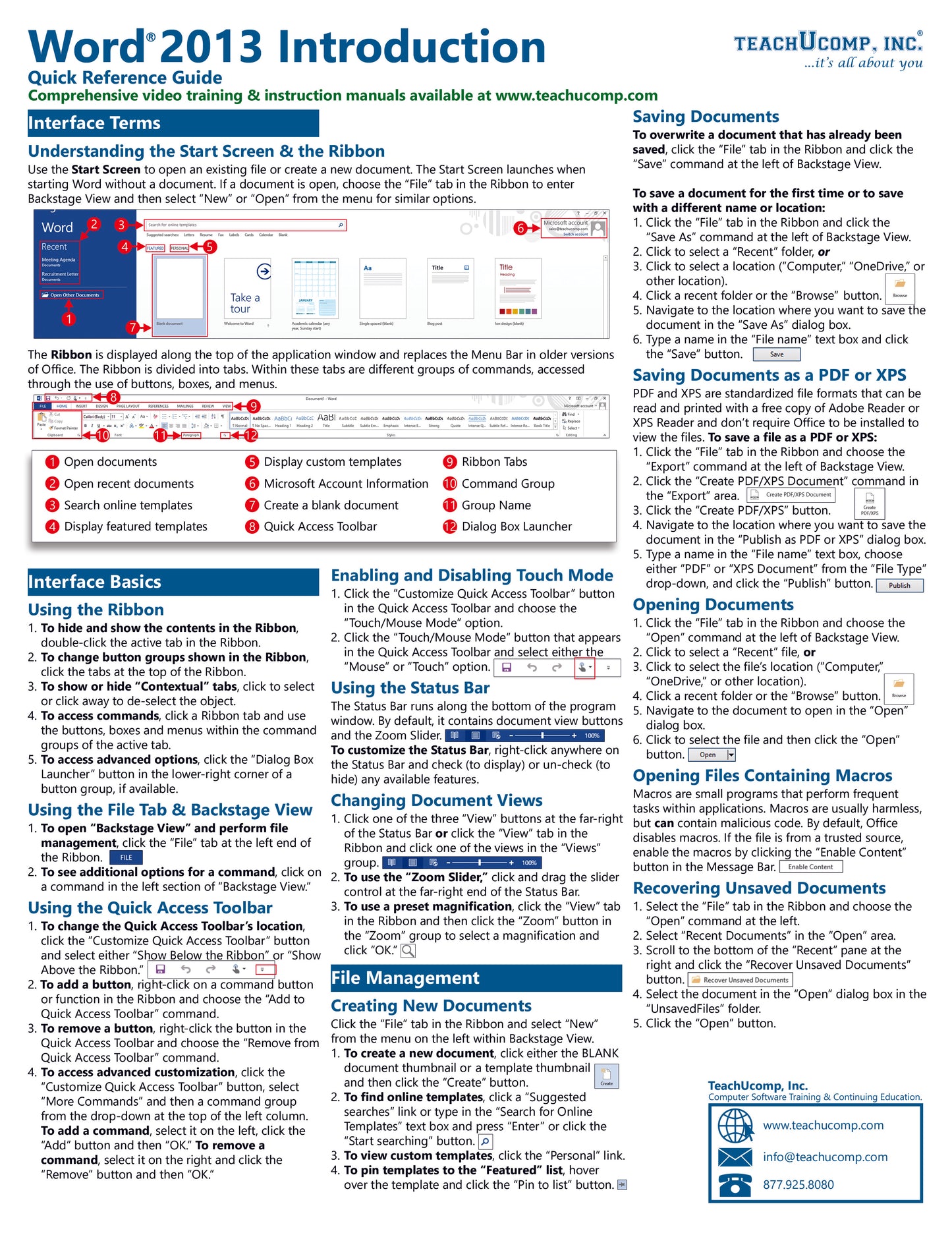Microsoft Word 2013 Quick Reference Guide.