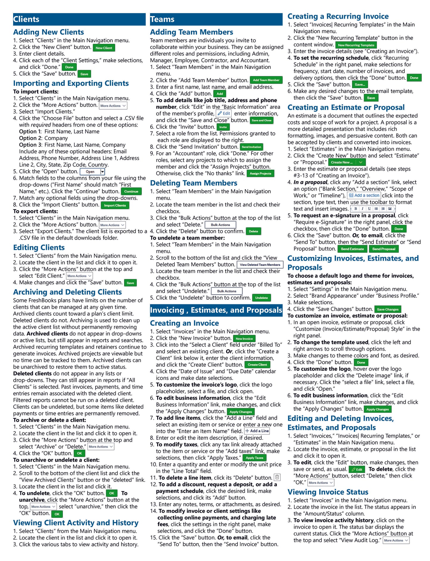 FreshBooks Quick Reference Guide with navigation and feature explanations.