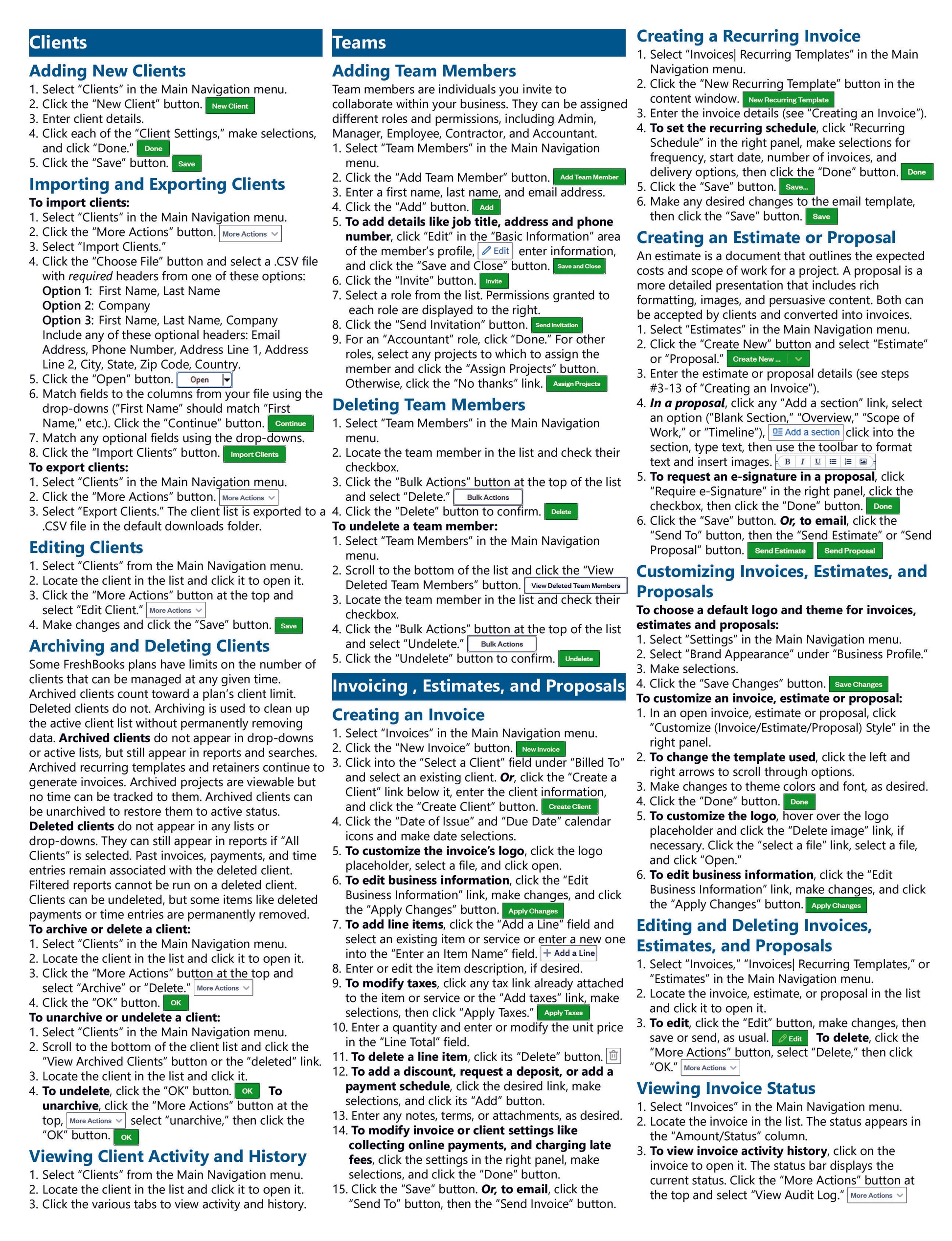FreshBooks Quick Reference Guide with navigation and feature explanations.