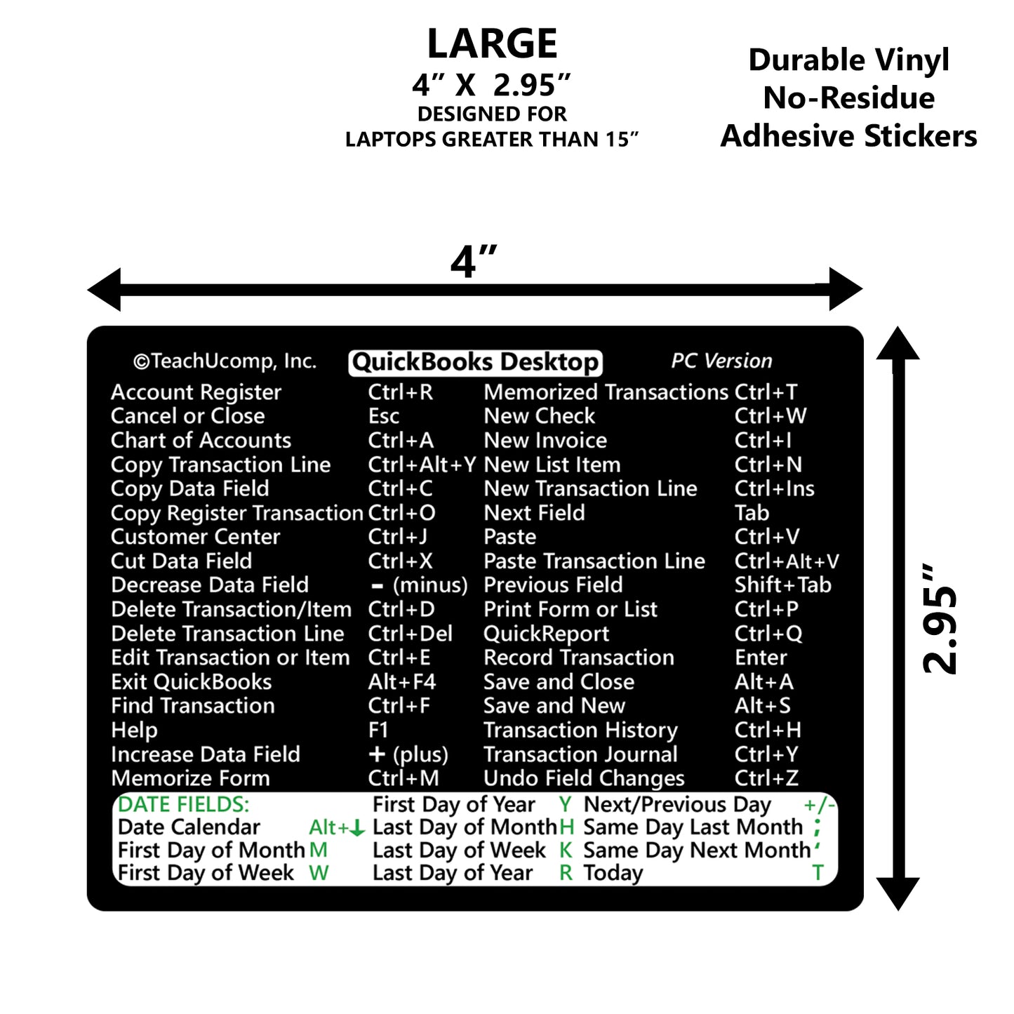 QuickBooks Desktop (PC/Windows) 2023 Keyboard Shortcuts Sticker - LARGE 4"x2.95" image