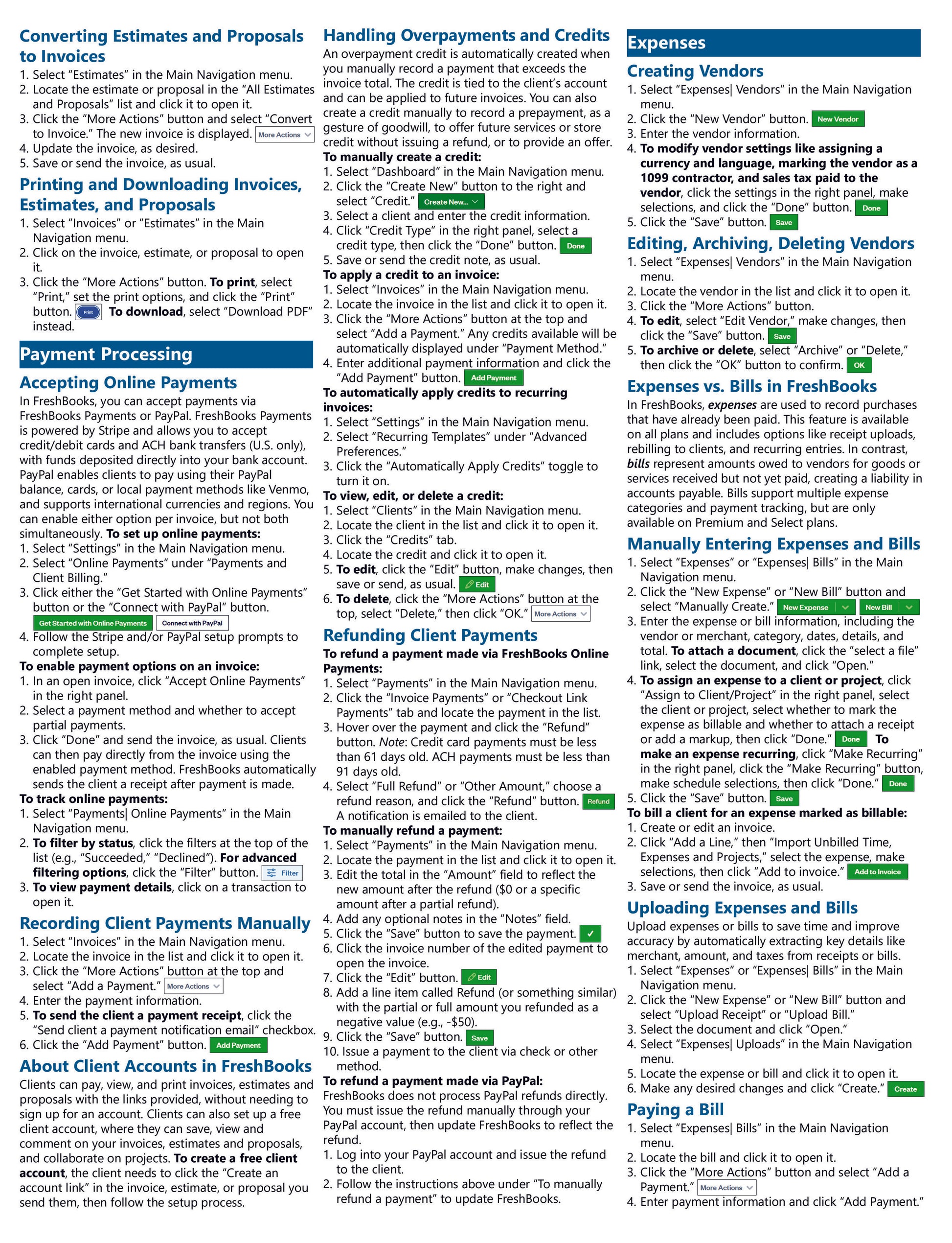 FreshBooks Quick Reference Guide with navigation and feature explanations.