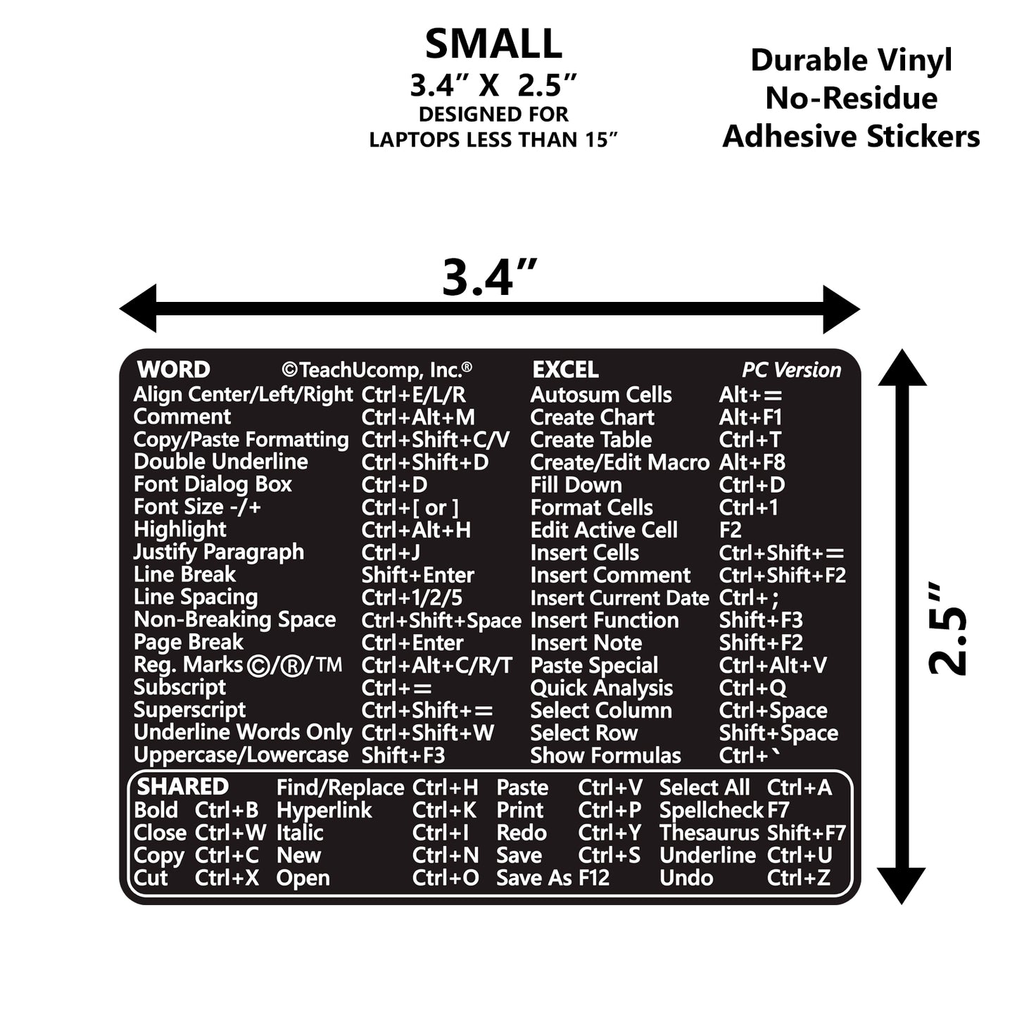 Word and Excel (PC/Windows) 2021-2016 and 365 Keyboard Shortcuts Sticker - SMALL 3.4"x2.5" image