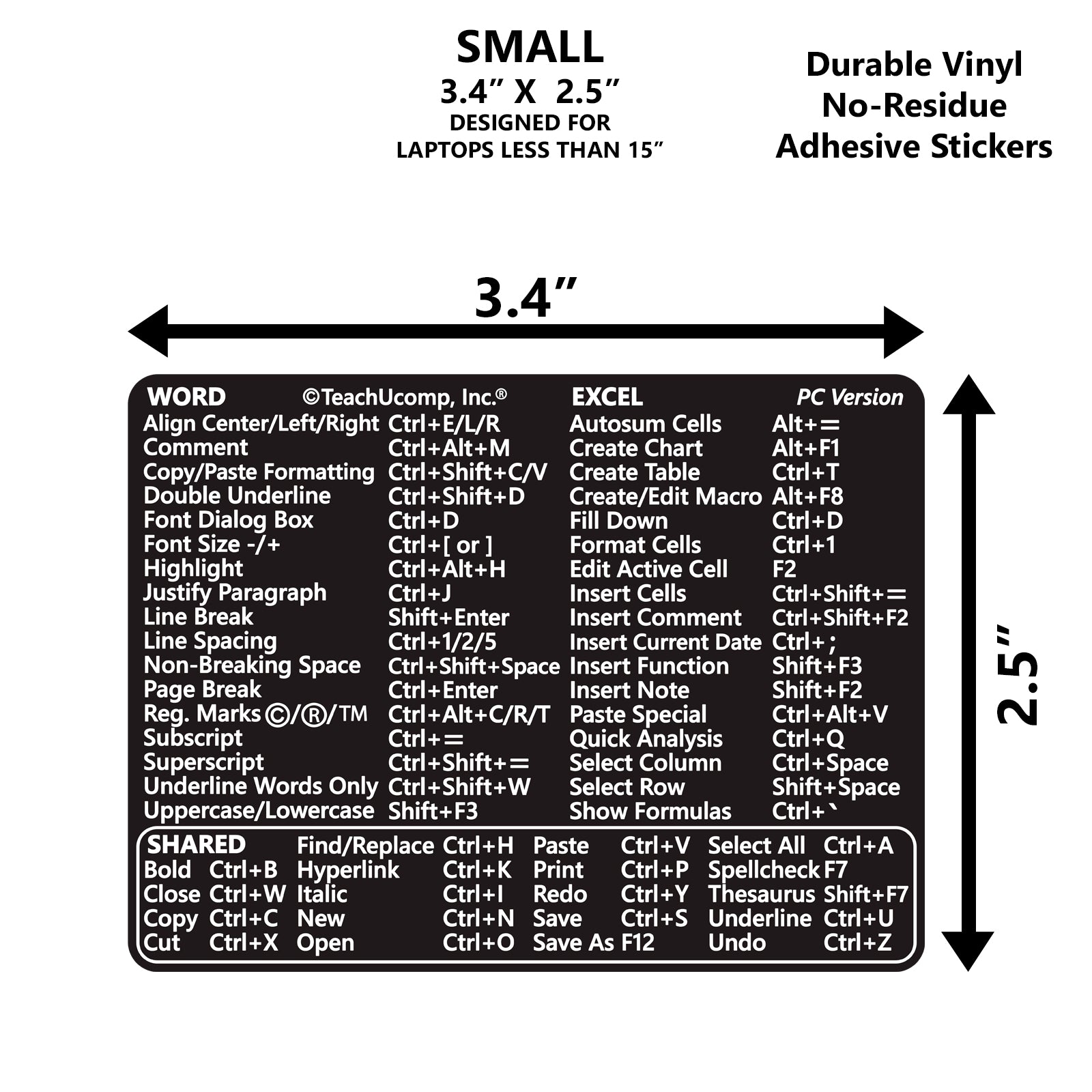Word and Excel (PC/Windows) 2021-2016 and 365 Keyboard Shortcuts Sticker - SMALL 3.4"x2.5" image