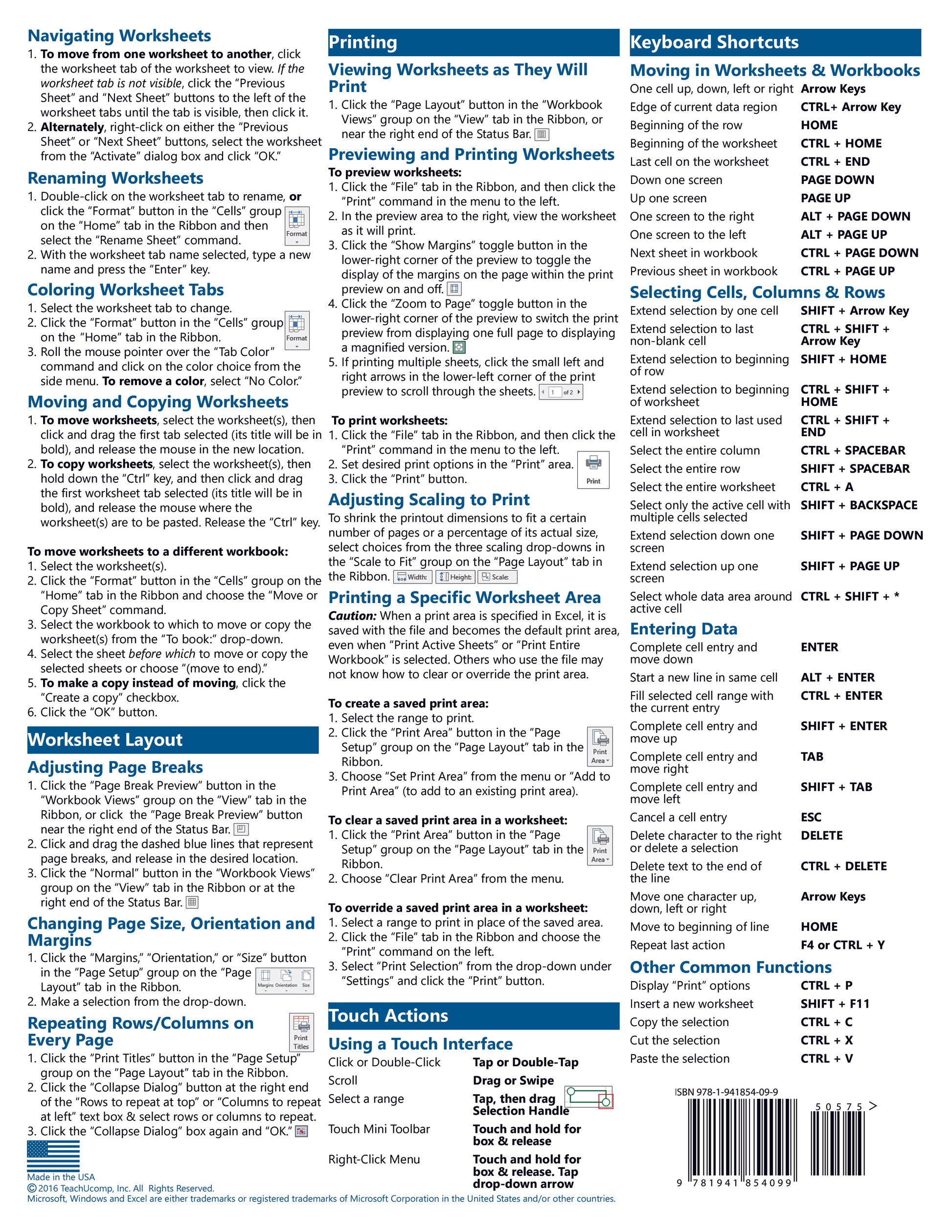 Microsoft Excel 2016 Quick Reference Guide.