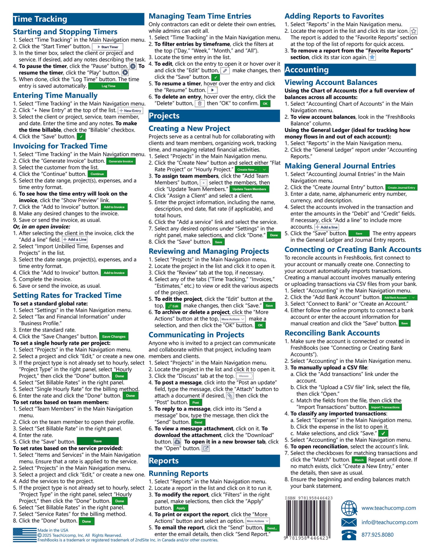 FreshBooks Quick Reference Guide with navigation and feature explanations.
