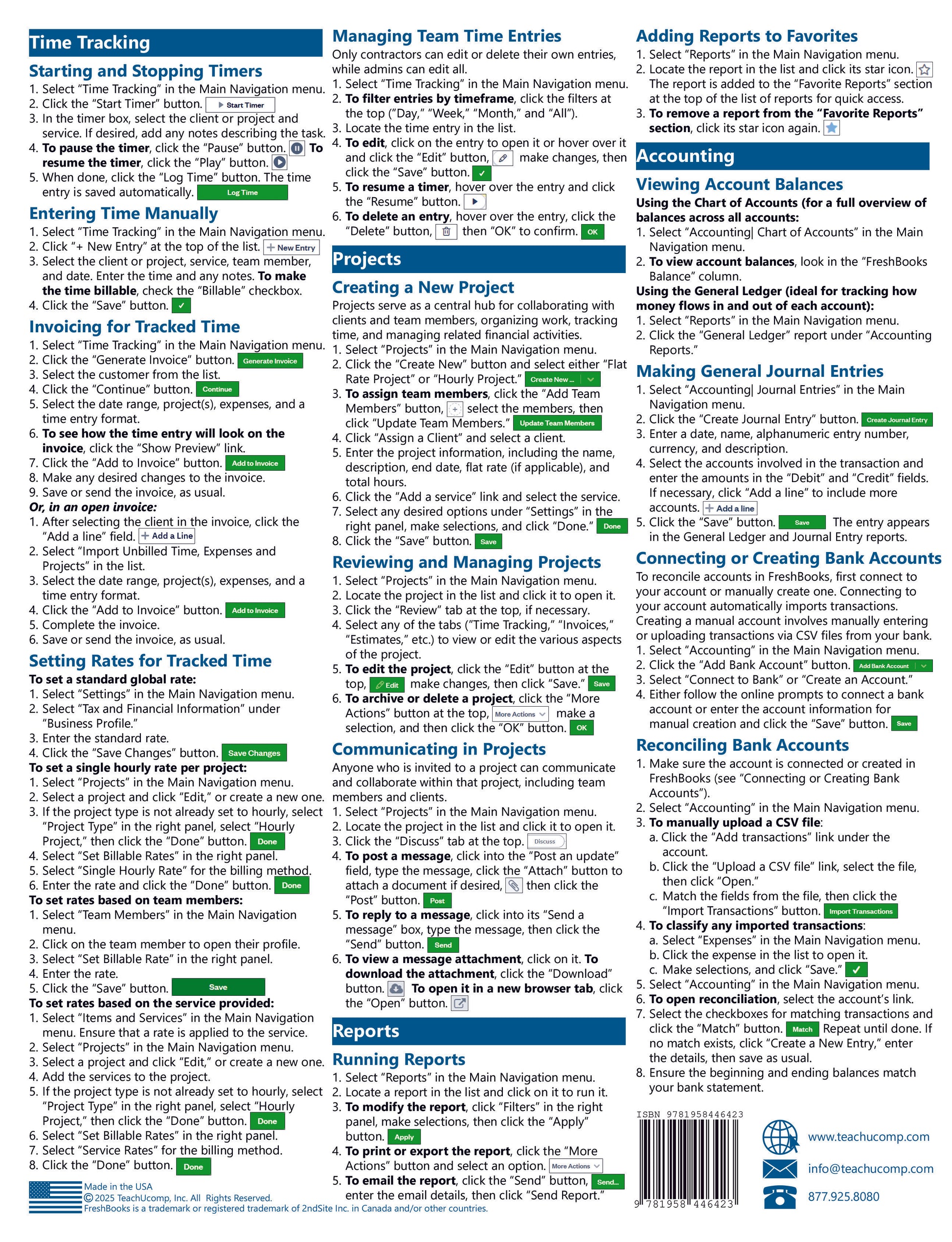 FreshBooks Quick Reference Guide with navigation and feature explanations.