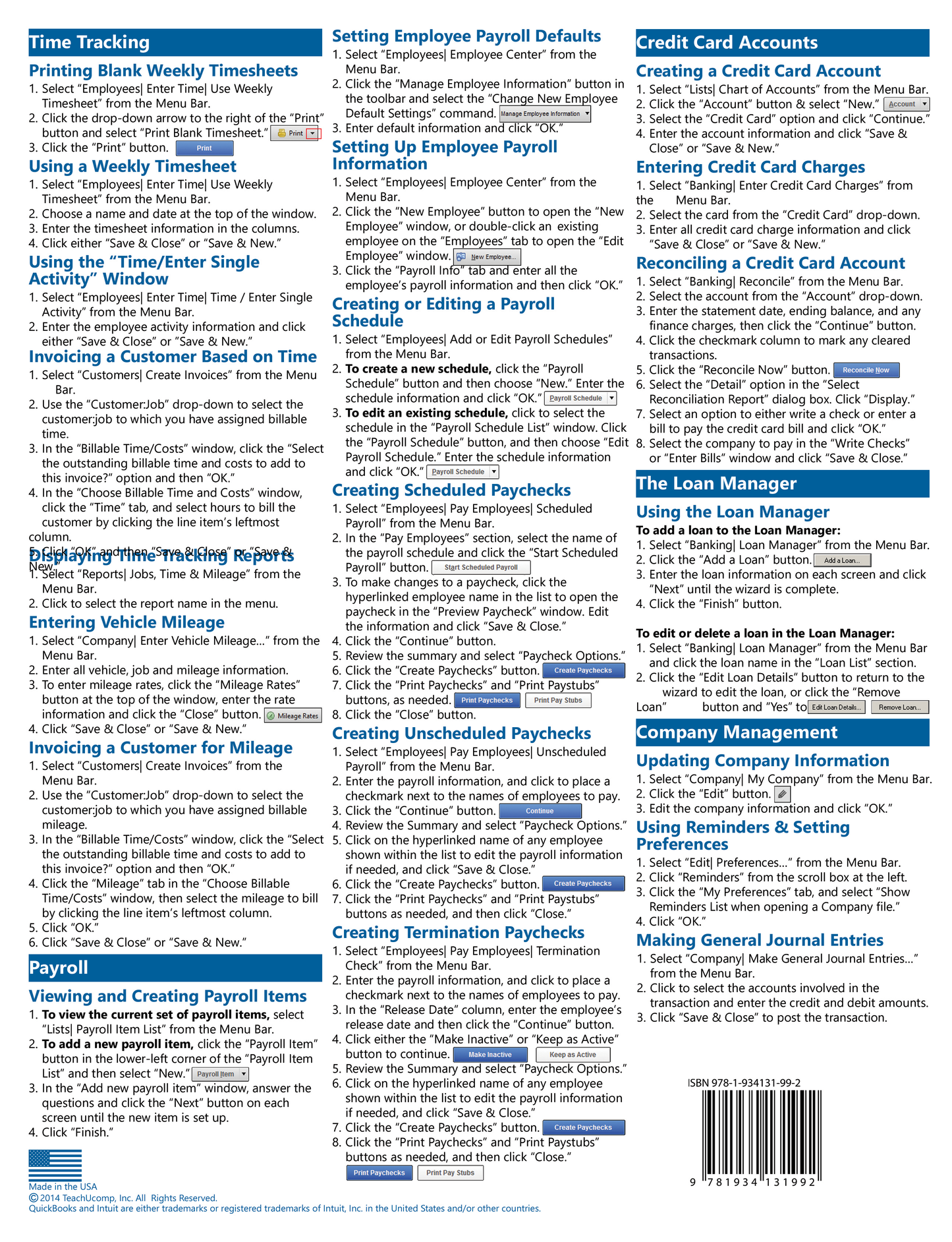 QuickBooks Pro 2014 Quick Reference Guide