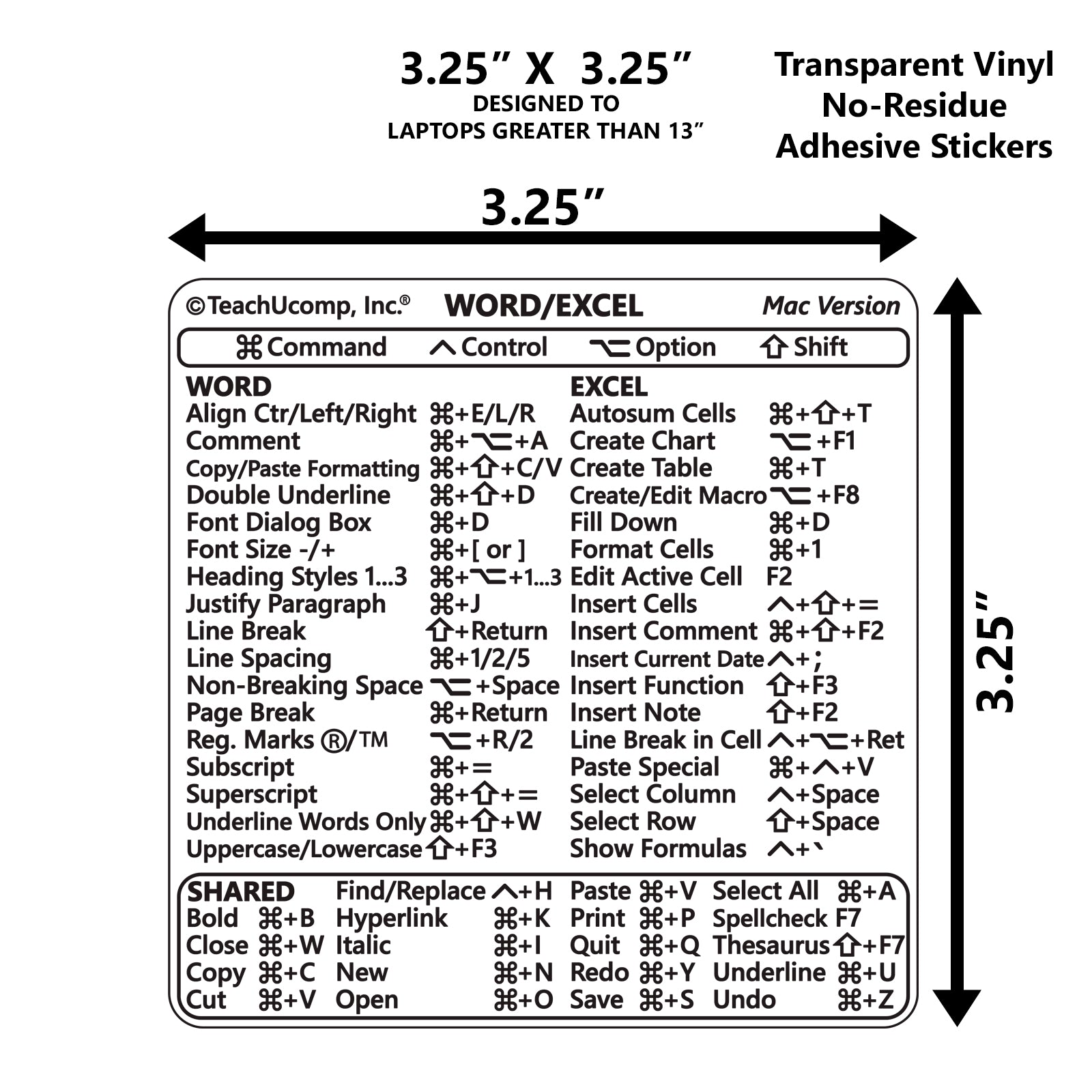 Word and Excel (Mac) 2022 Keyboard Shortcuts Sticker - CLEAR image