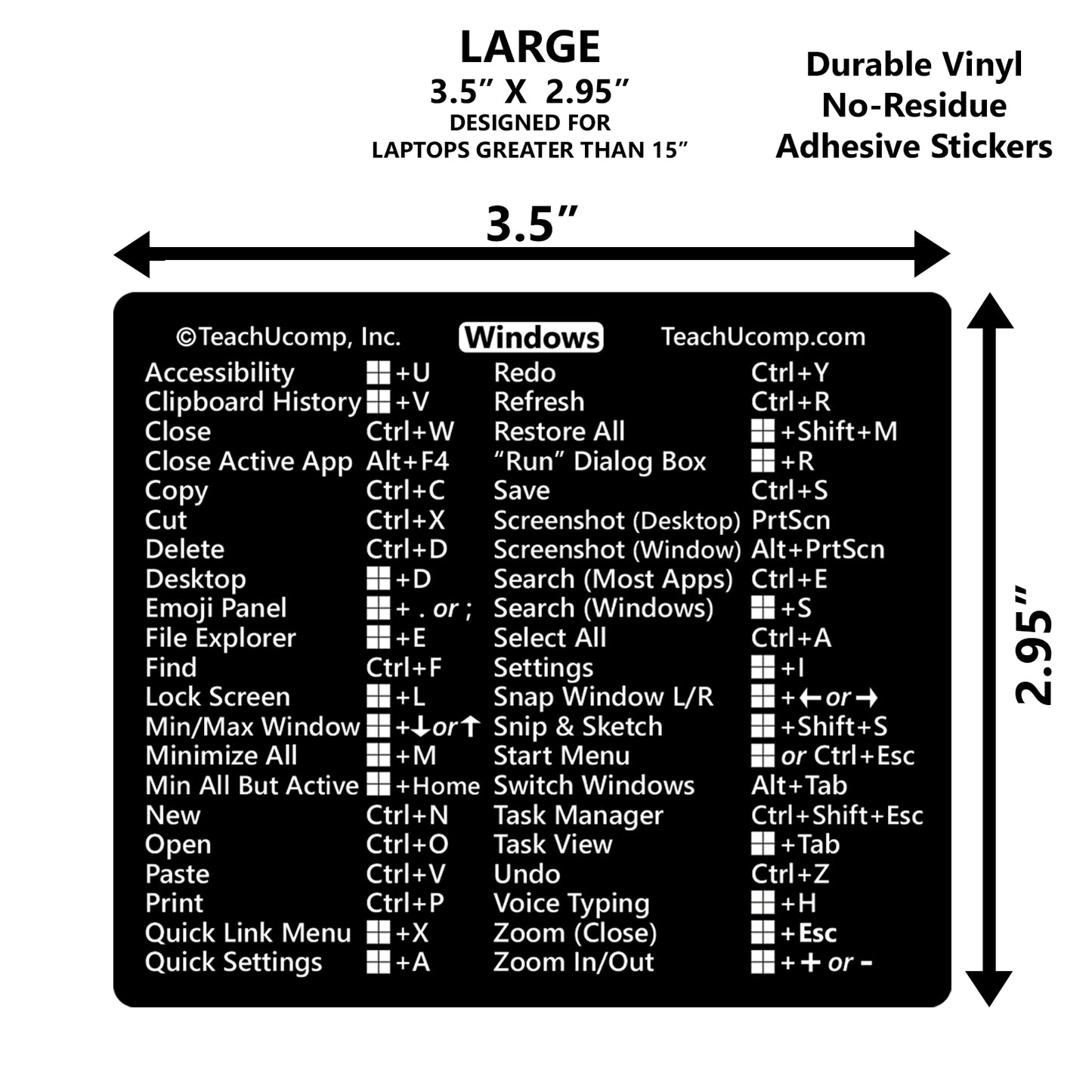 Windows 11 and 10 Keyboard Shortcuts Sticker - LARGE 3.5"x2.95" image