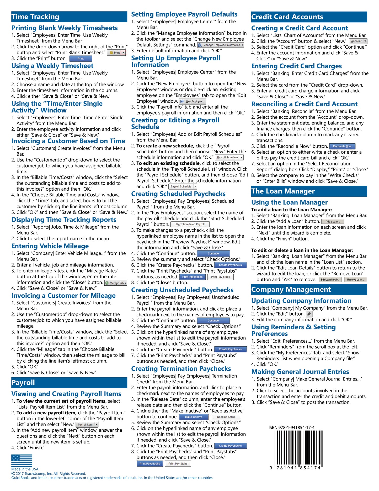 QuickBooks Desktop Pro 2018 Quick Reference Guide.