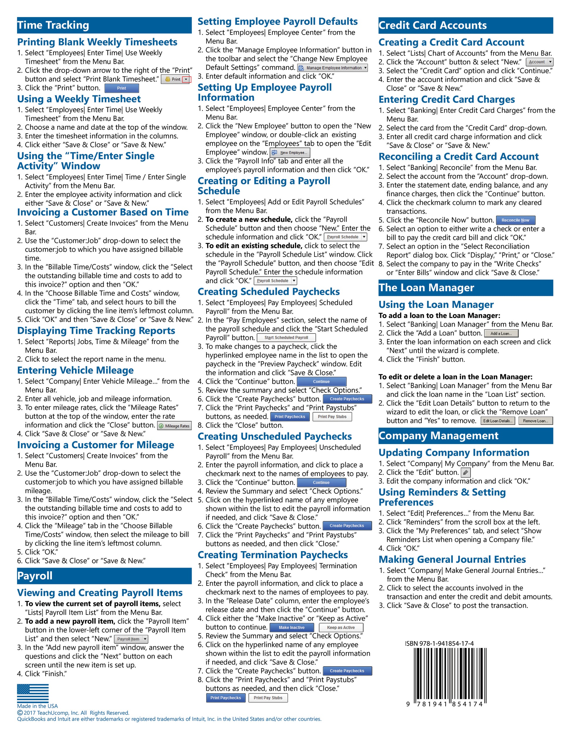 QuickBooks Desktop Pro 2018 Quick Reference Guide.