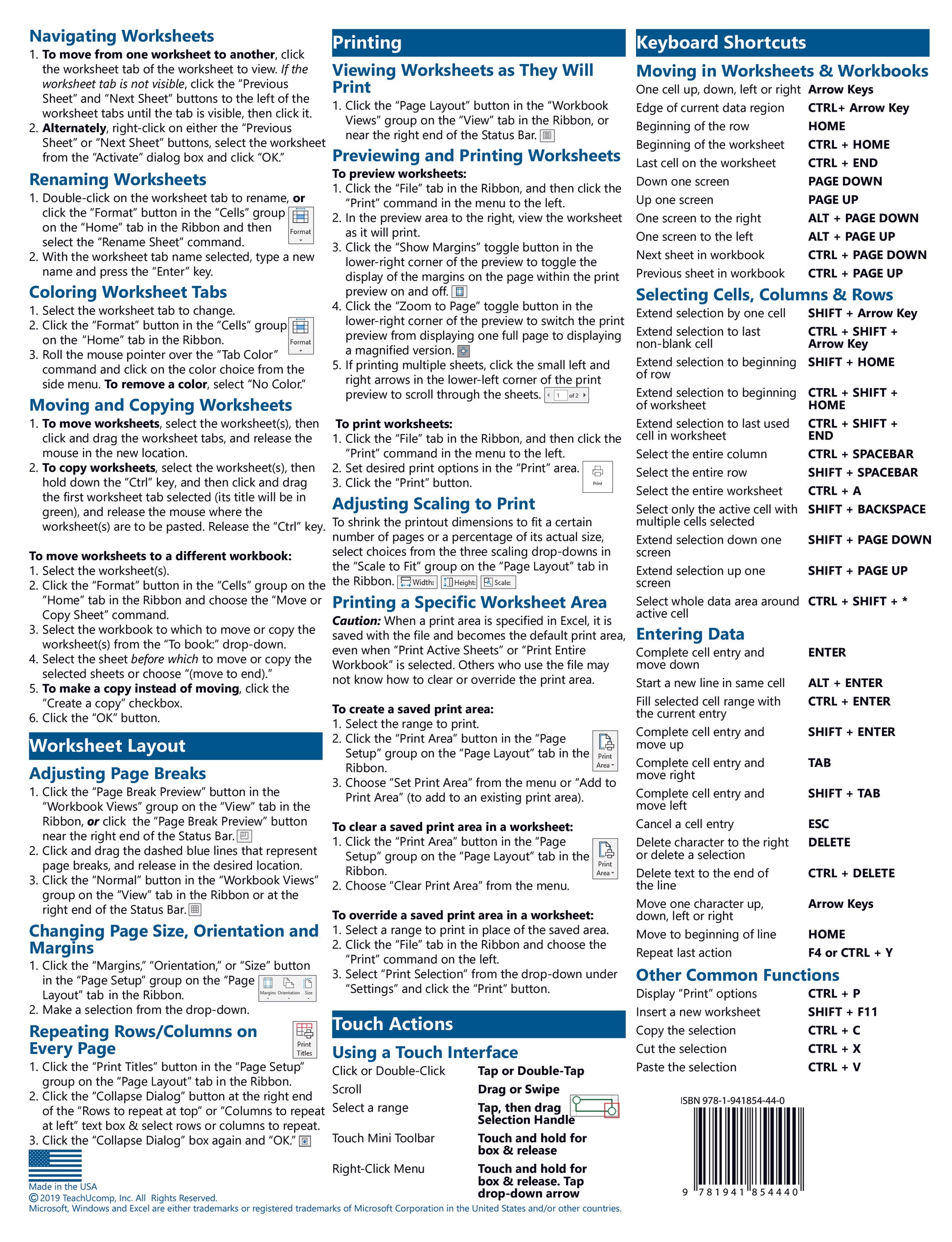 Microsoft Excel 2019 Quick Reference Guide.