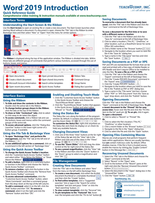 Microsoft Word 2019 Quick Reference Guide.