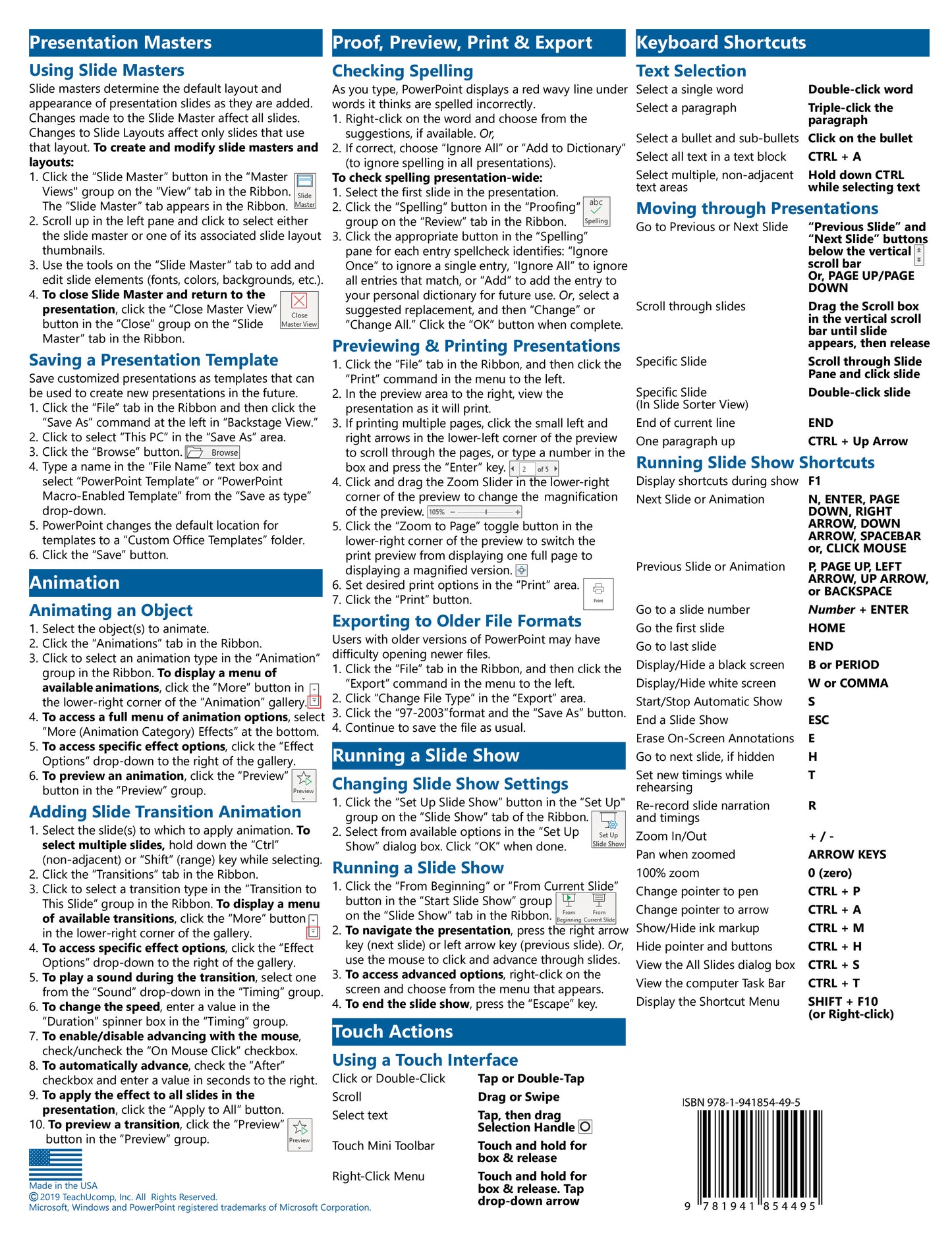 Microsoft PowerPoint 2019 Quick Reference Guide.