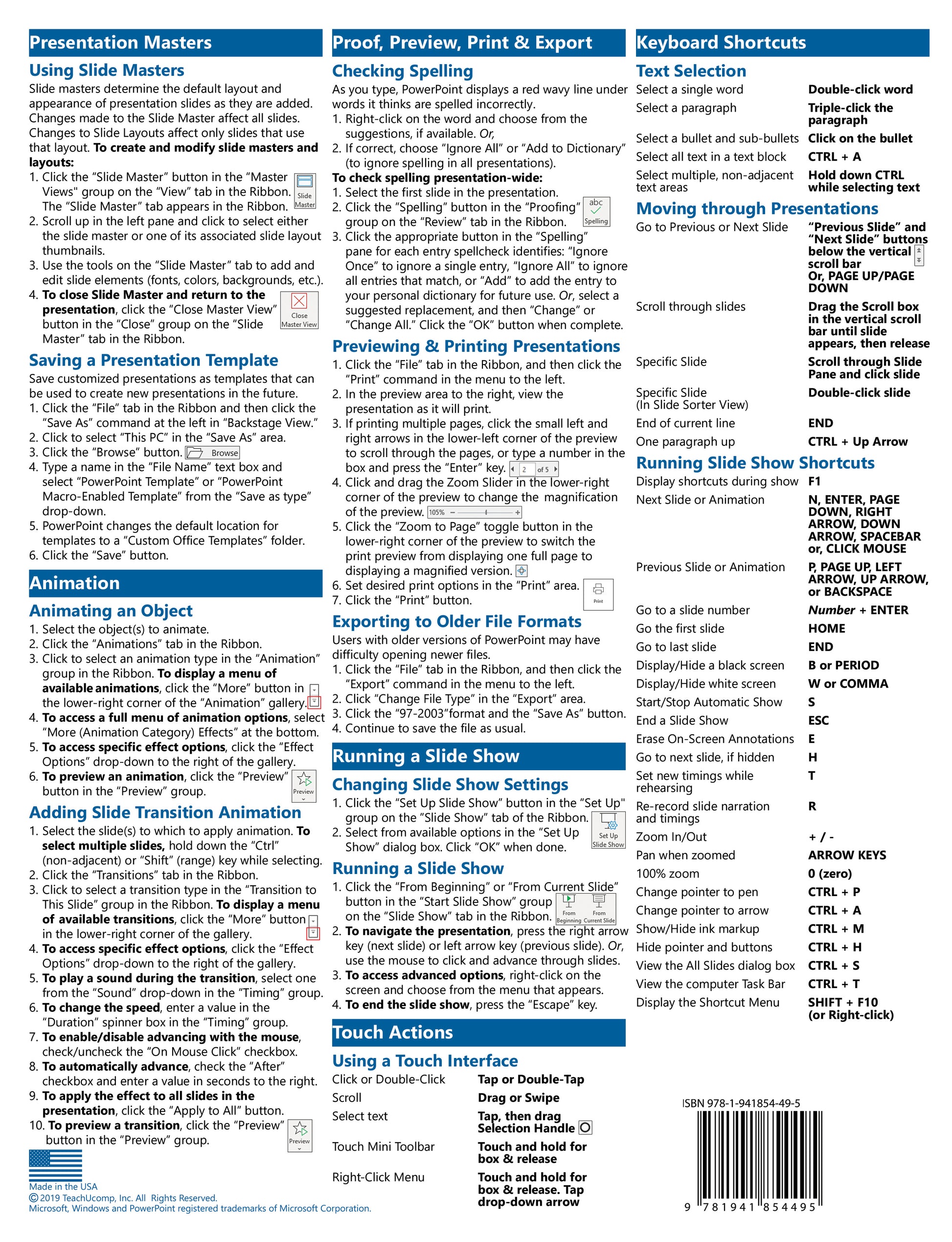 Microsoft PowerPoint 2019 Quick Reference Guide.