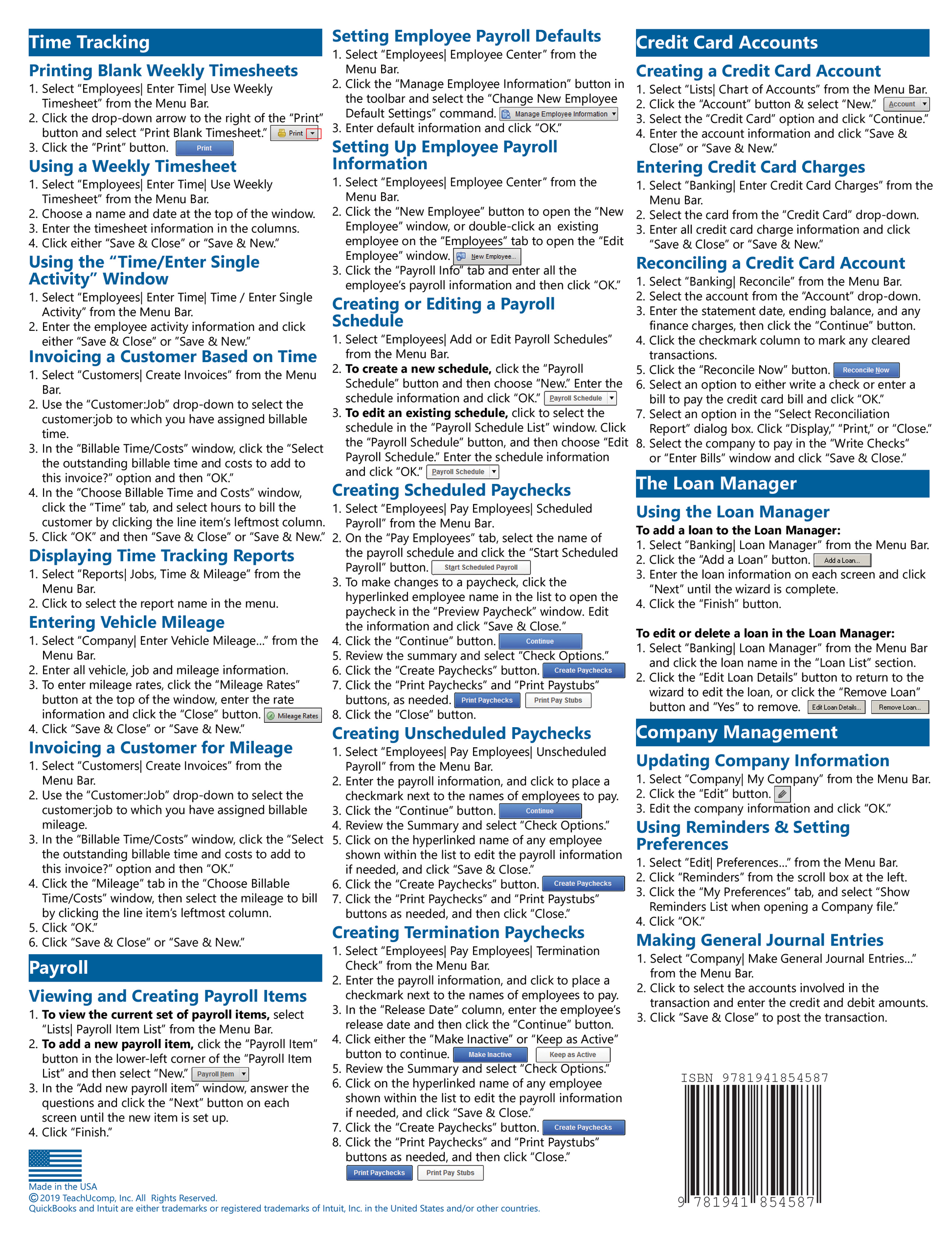 QuickBooks Desktop Pro 2020 Quick Reference Guide.