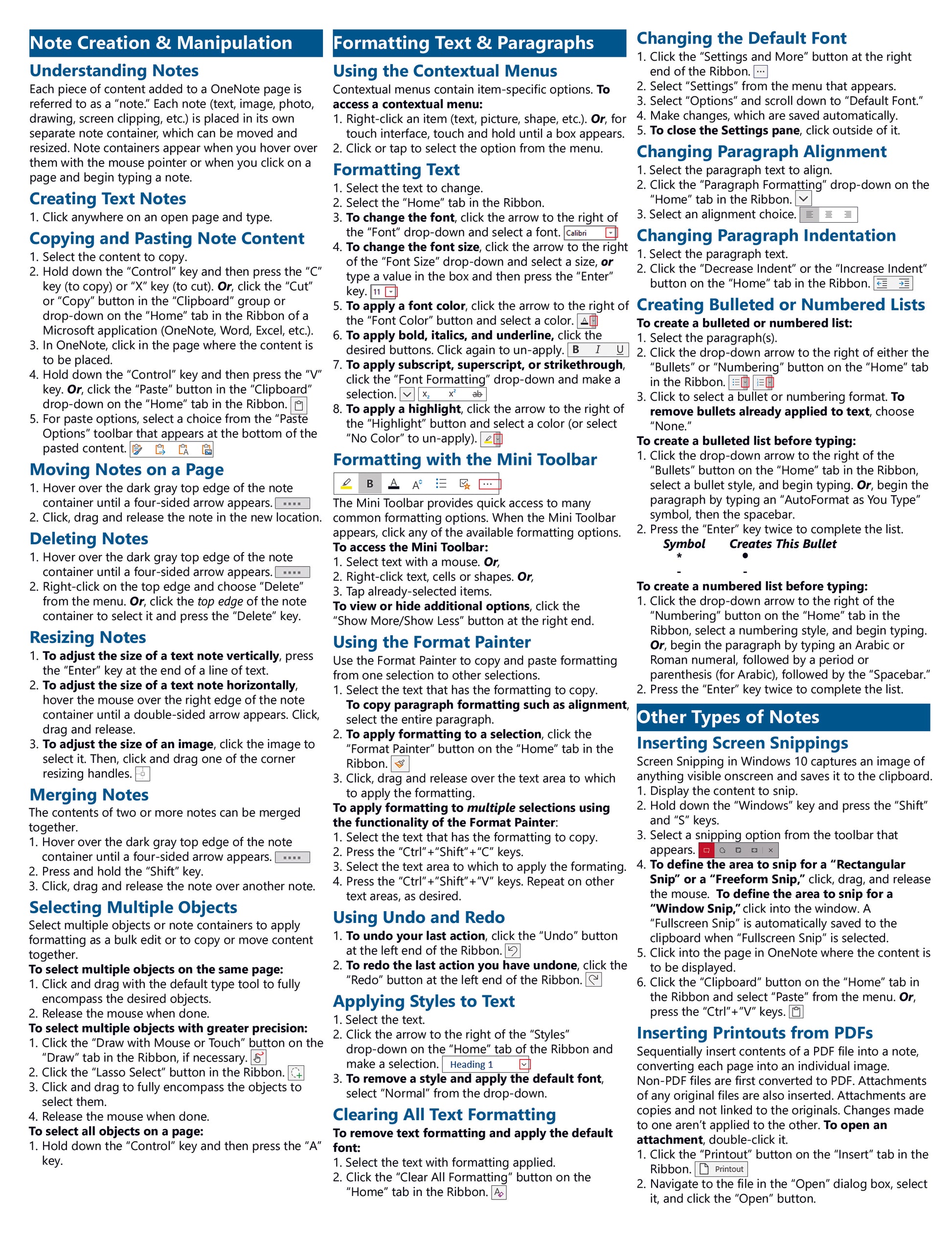 OneNote for Windows 10 Quick Reference Guide.