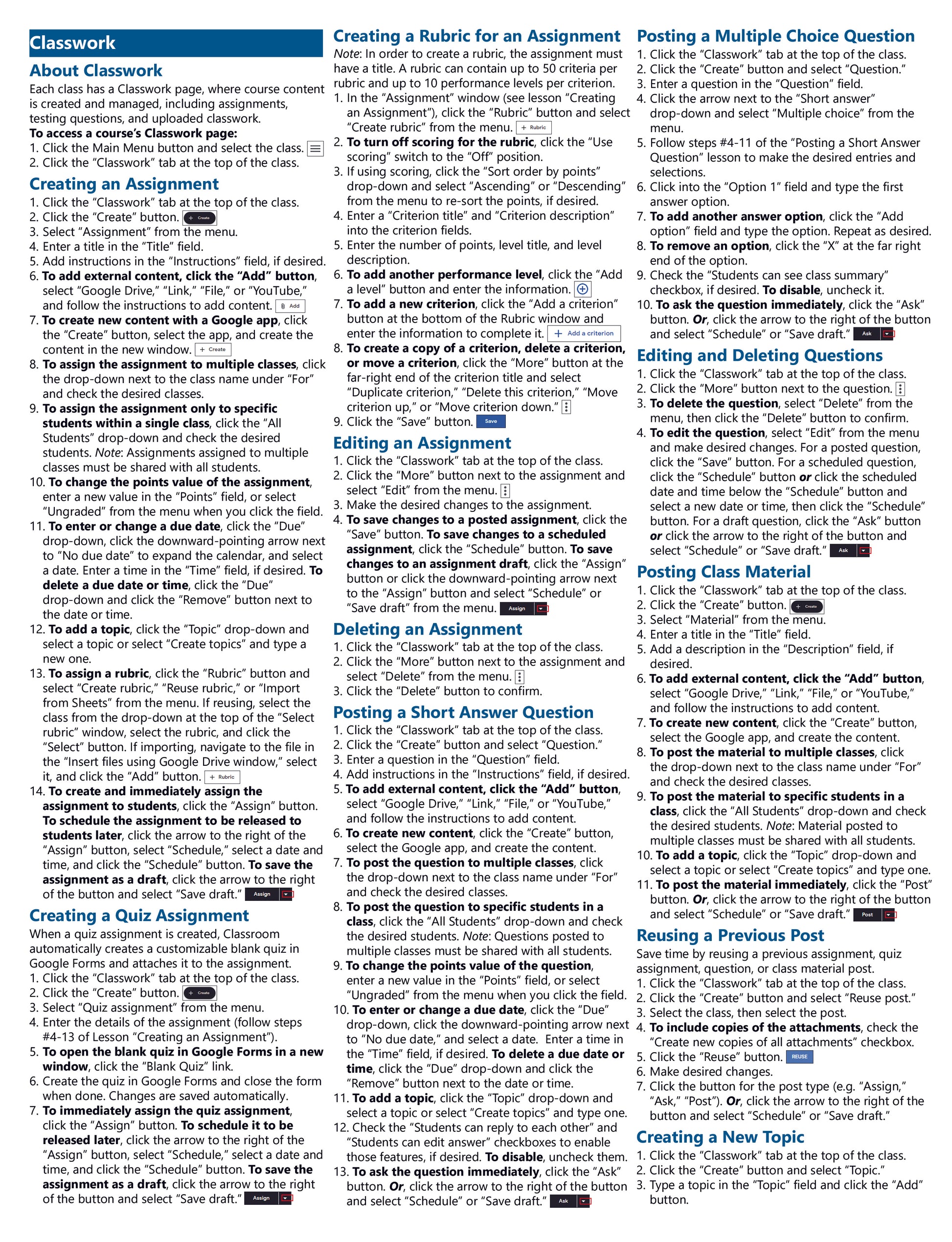Google Classroom for Teachers Quick Reference Guide.