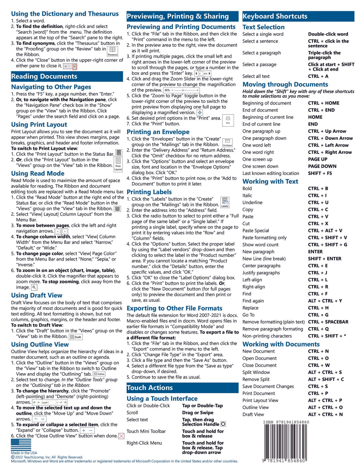 Microsoft Word 2021 Quick Reference Guide.