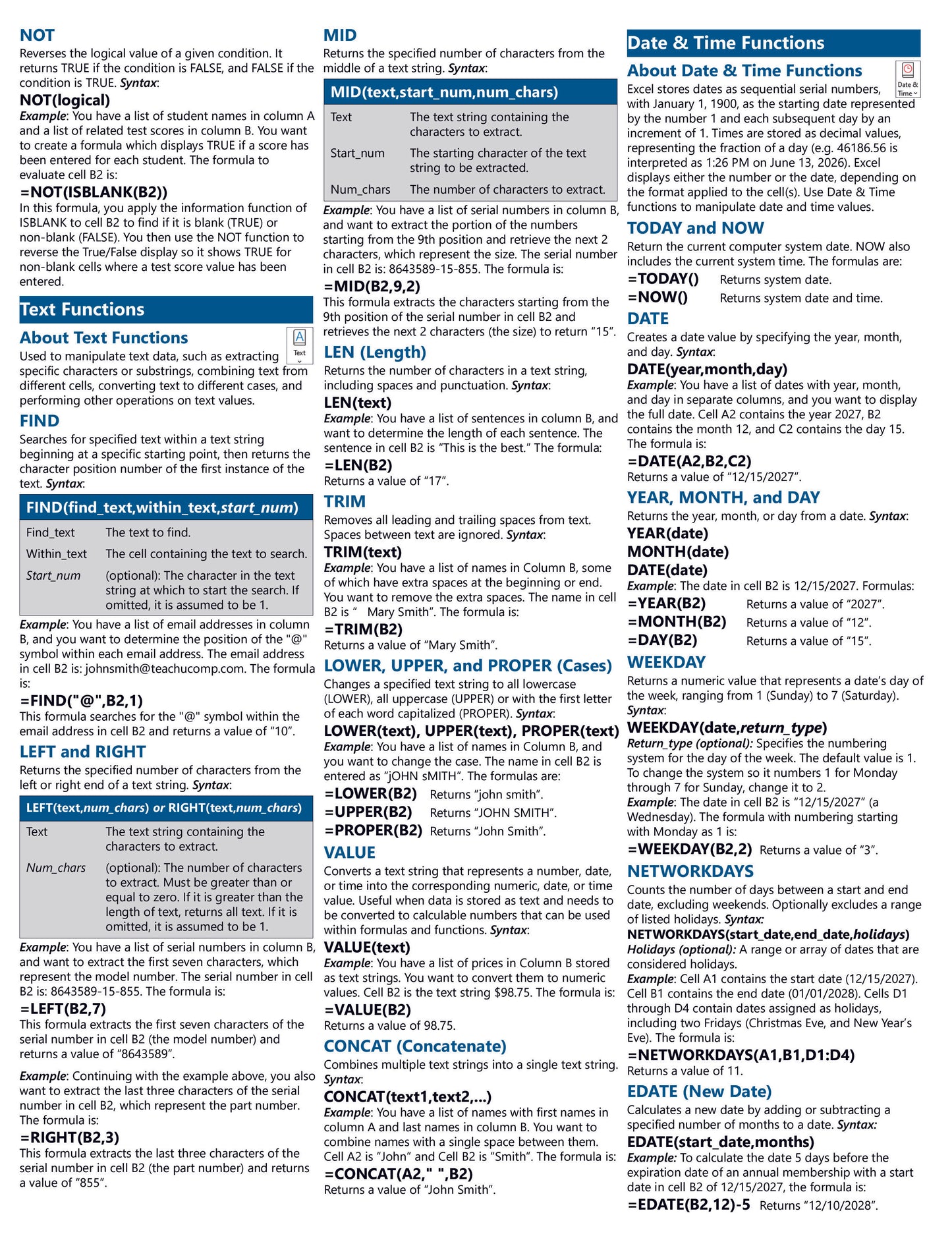 Microsoft Excel Formulas and Functions Quick Reference Guide.
