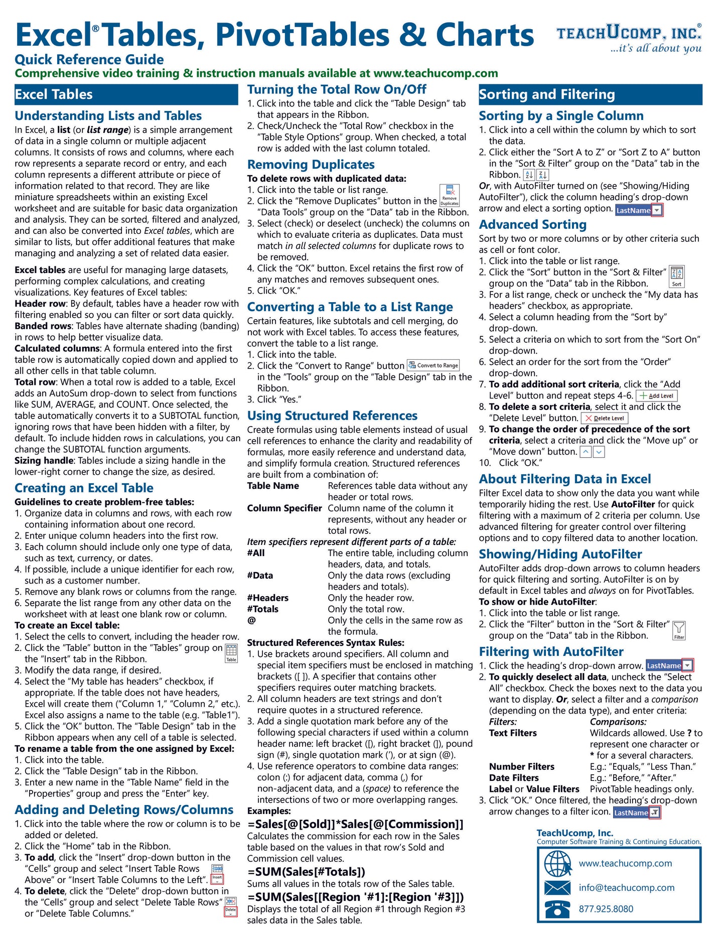 Excel Tables PivotTables and Charts Quick Reference Guide.