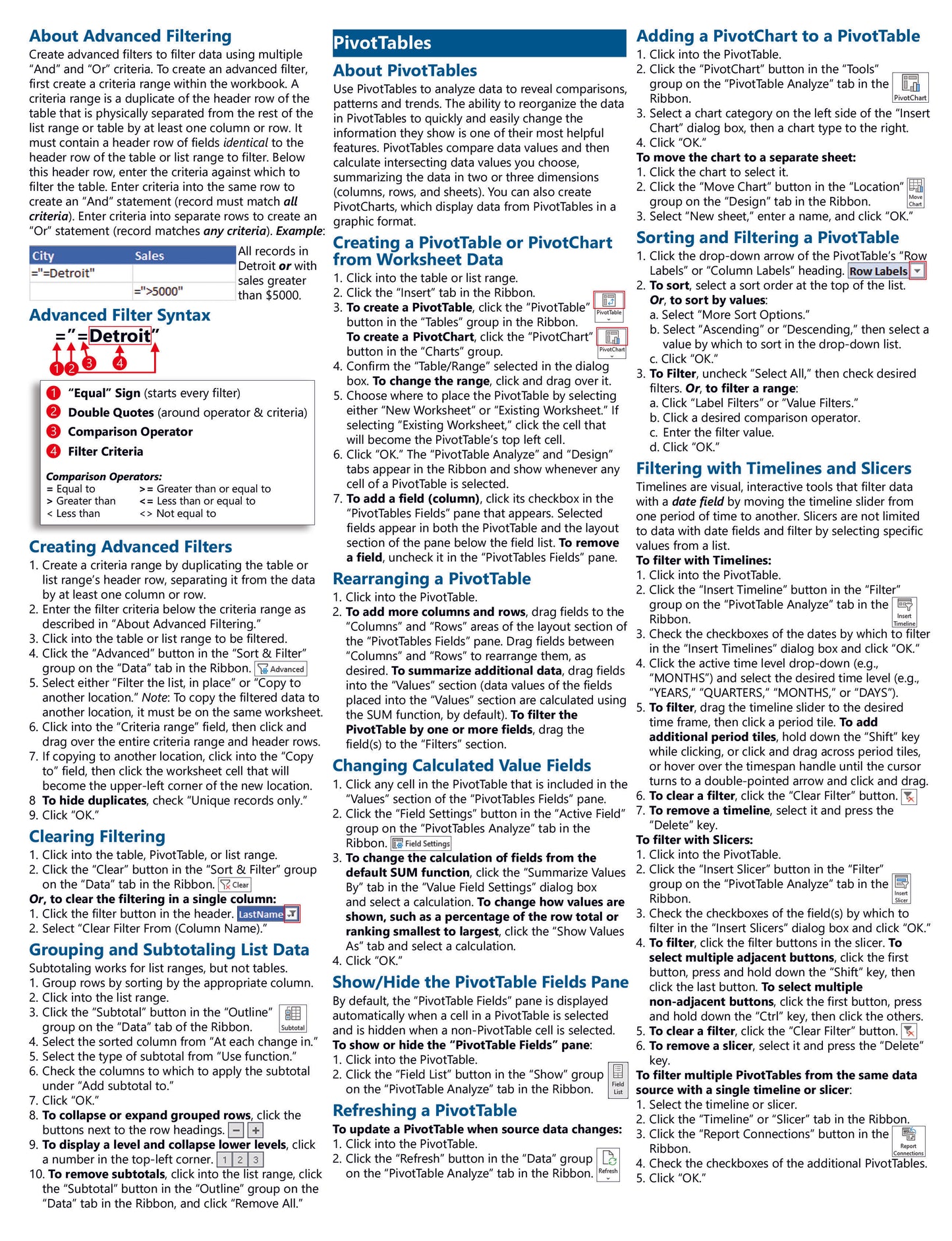 Excel Tables PivotTables and Charts Quick Reference Guide.