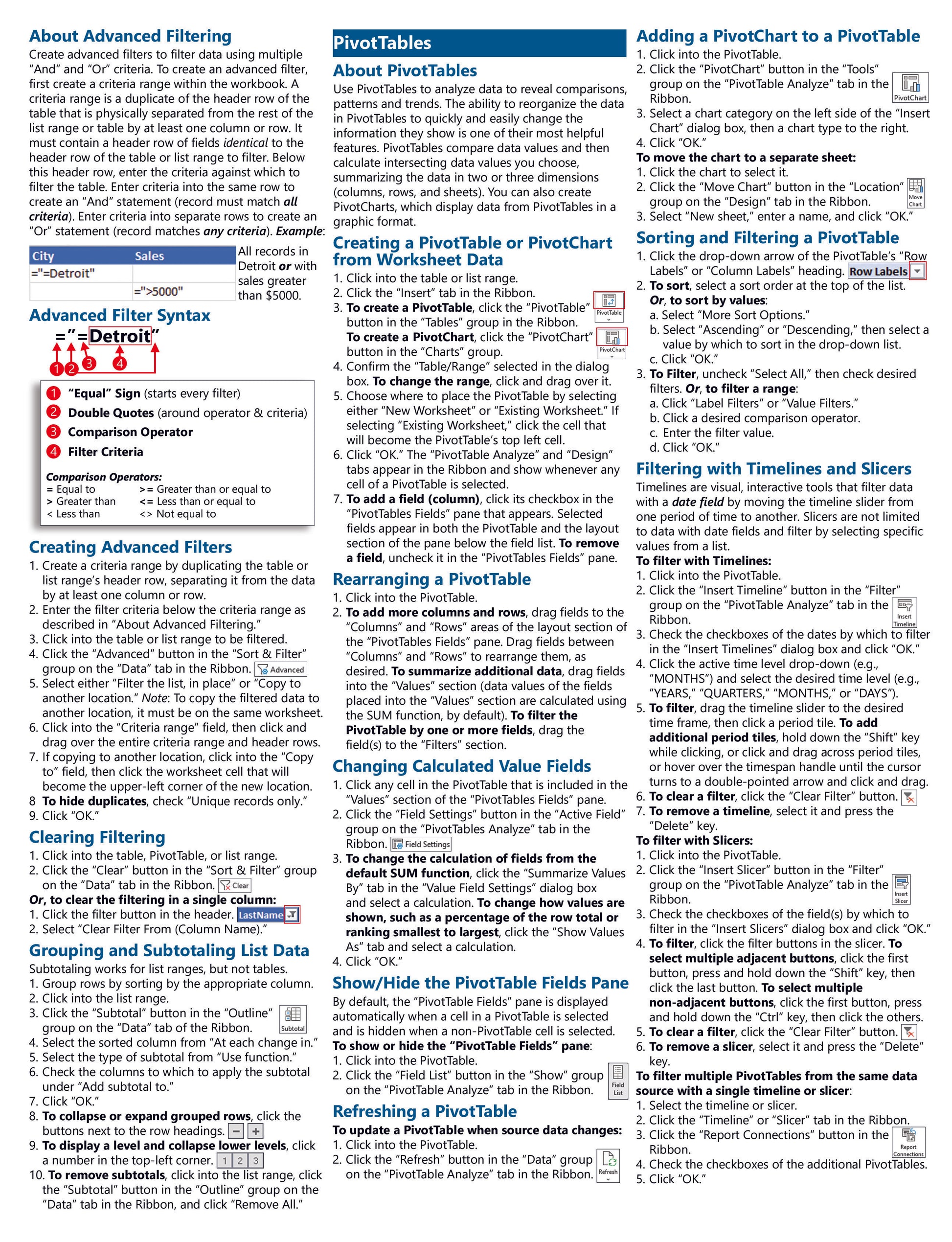 Excel Tables PivotTables and Charts Quick Reference Guide.