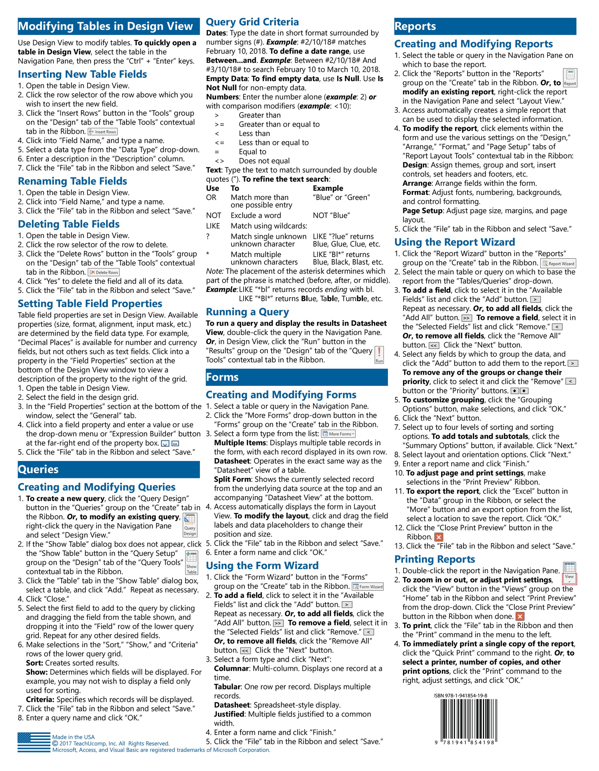Microsoft Access 2016 Quick Reference Guide.