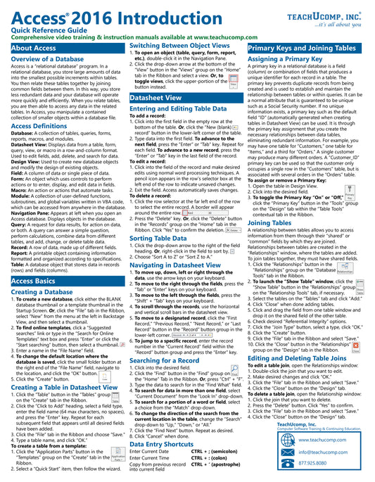 Microsoft Access 2016 Quick Reference Guide.