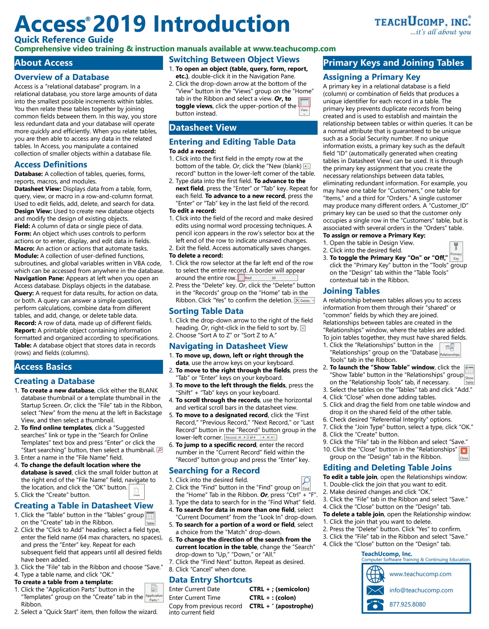 Quick Reference Guide for Access 2019 Introduction with text and icons on a white background.
