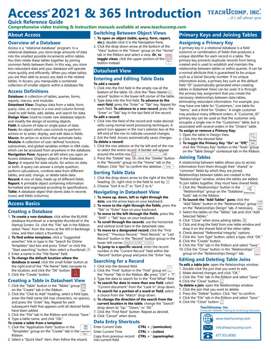Microsoft Access 2021 Quick Reference Guide.