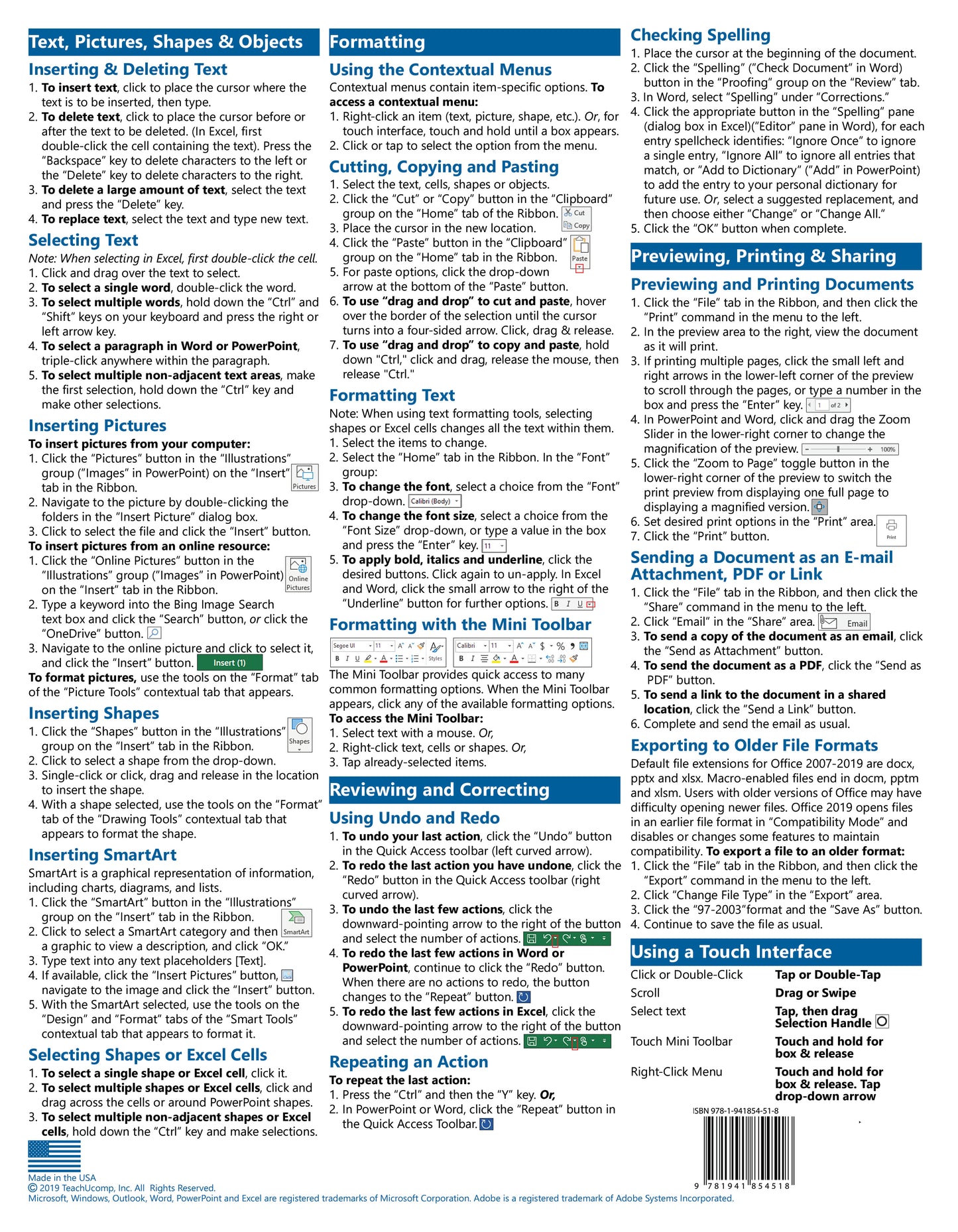 Microsoft Office 2019 Basics Quick Reference Guide.
