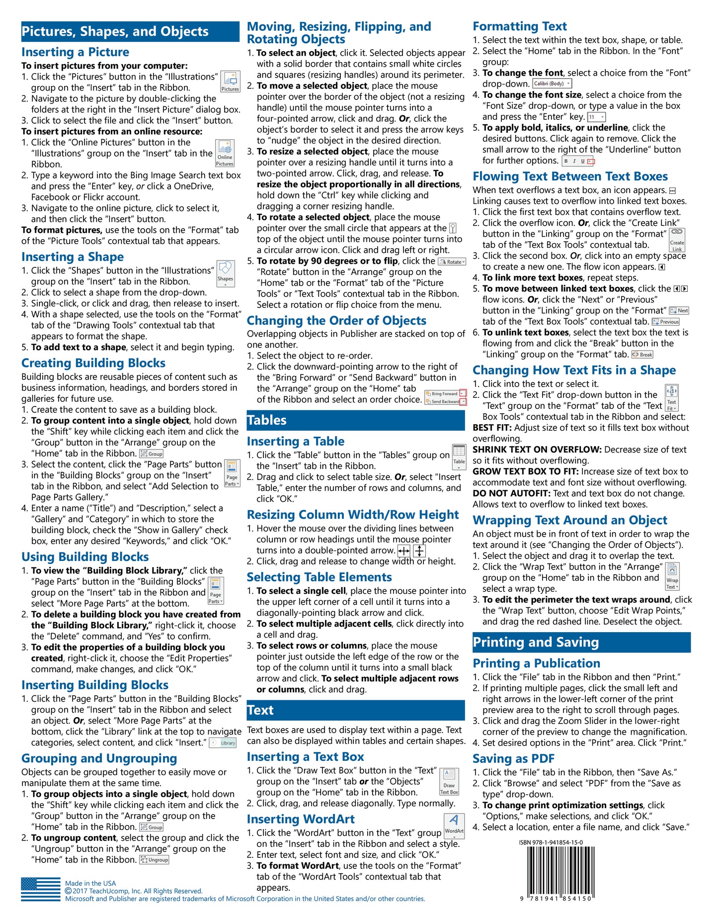 Microsoft Publisher 2016 Quick Reference Guide.