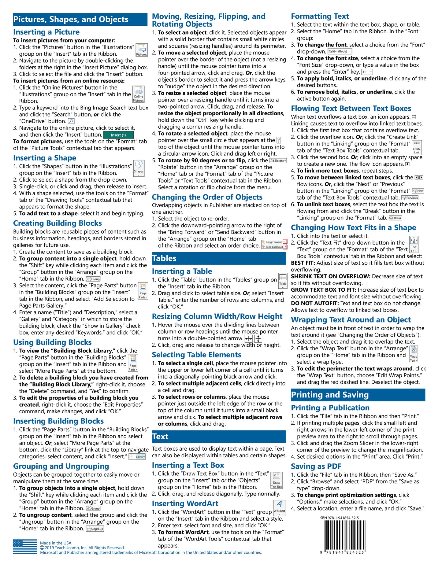 Microsoft Publisher 2019 Quick Reference Guide.