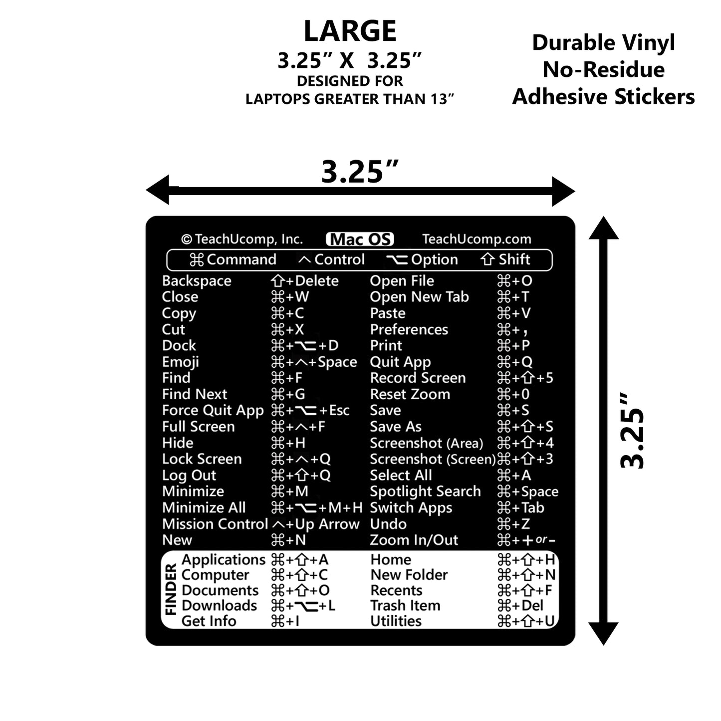 macOS Keyboard Shortcuts Sticker - BLACK- LARGE 3.25"x3.25" image