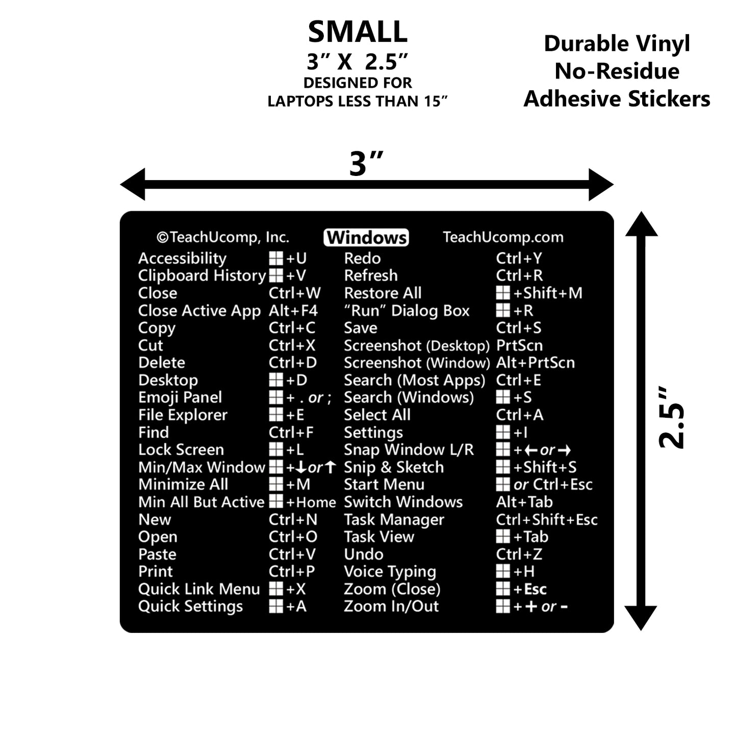 Windows 11 and 10 Keyboard Shortcuts Sticker - SMALL 3"x2.5" image