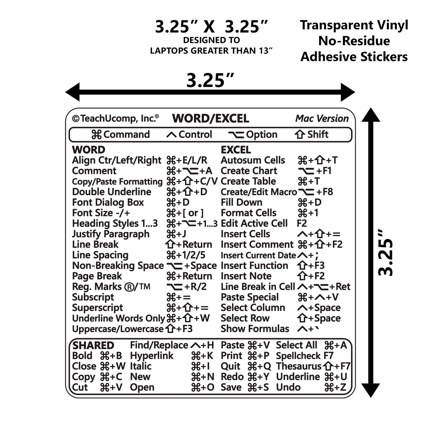 Word and Excel (Mac) 2022 Keyboard Shortcuts Sticker image 3