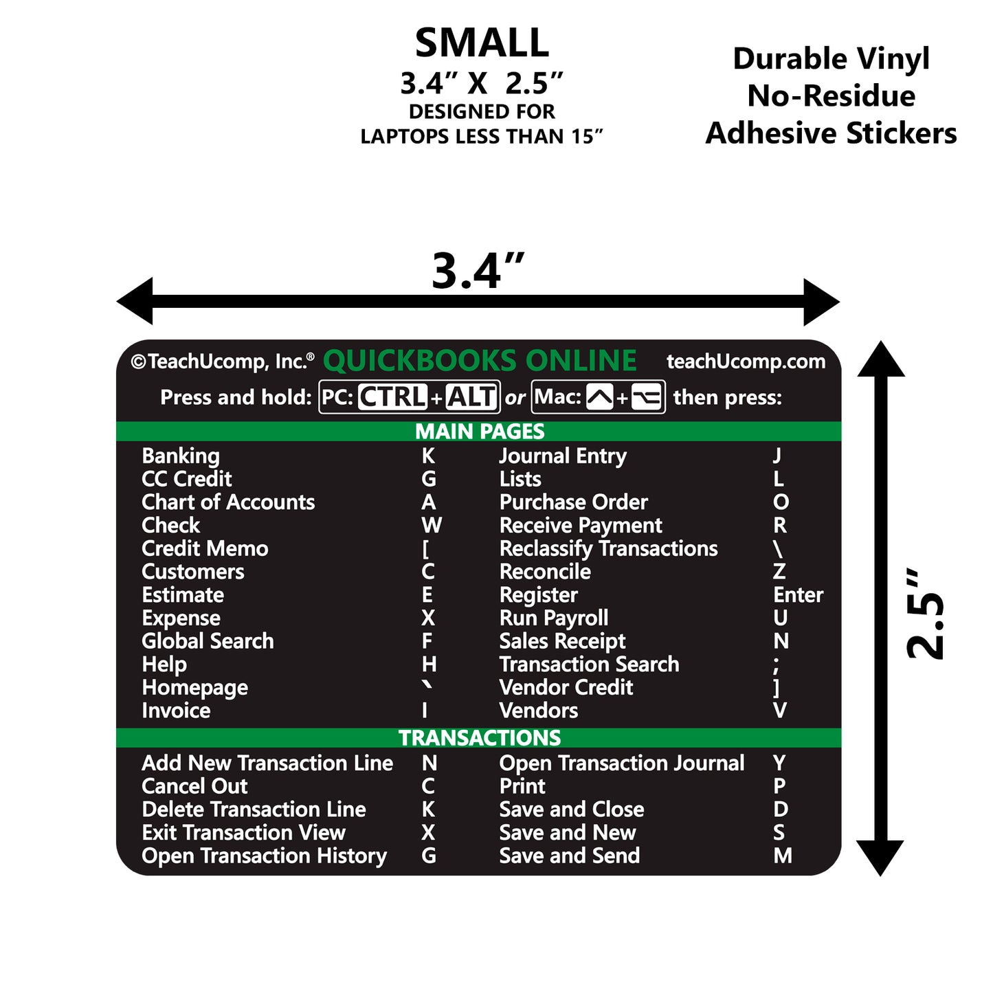 QuickBooks Online Keyboard Shortcuts Sticker